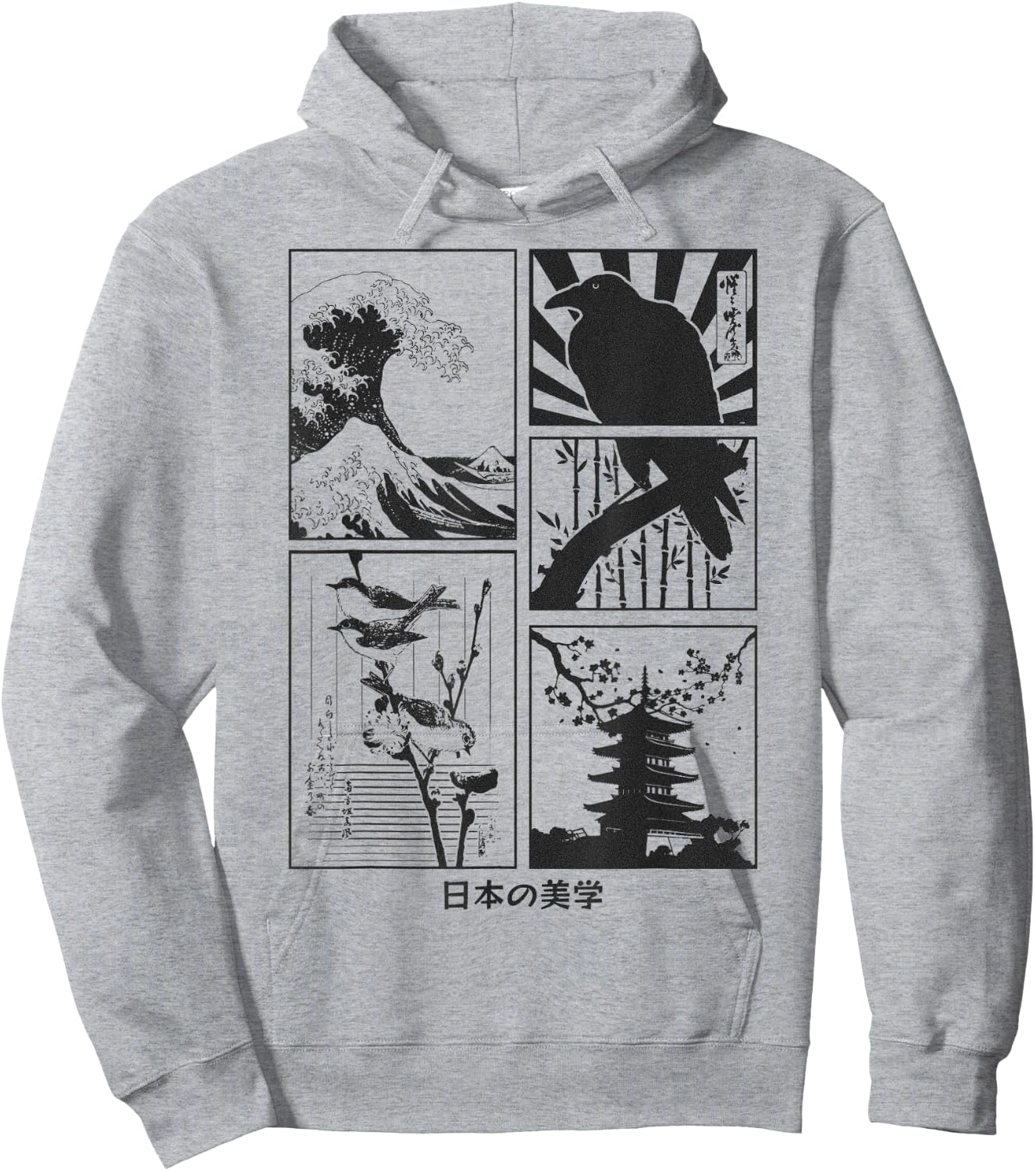 Japanese Art Birds on Cherry Blossom and Kyosai Crow Raven Hoodie - Hoodie | Ash