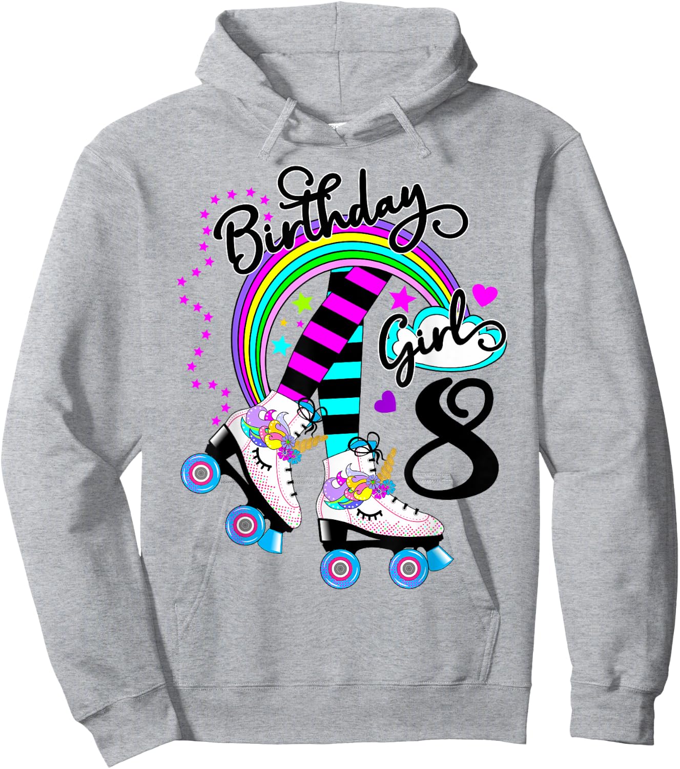 8th Unicorn Roller Skate Birthday Party for Girls Hoodie - Hoodie | Ash