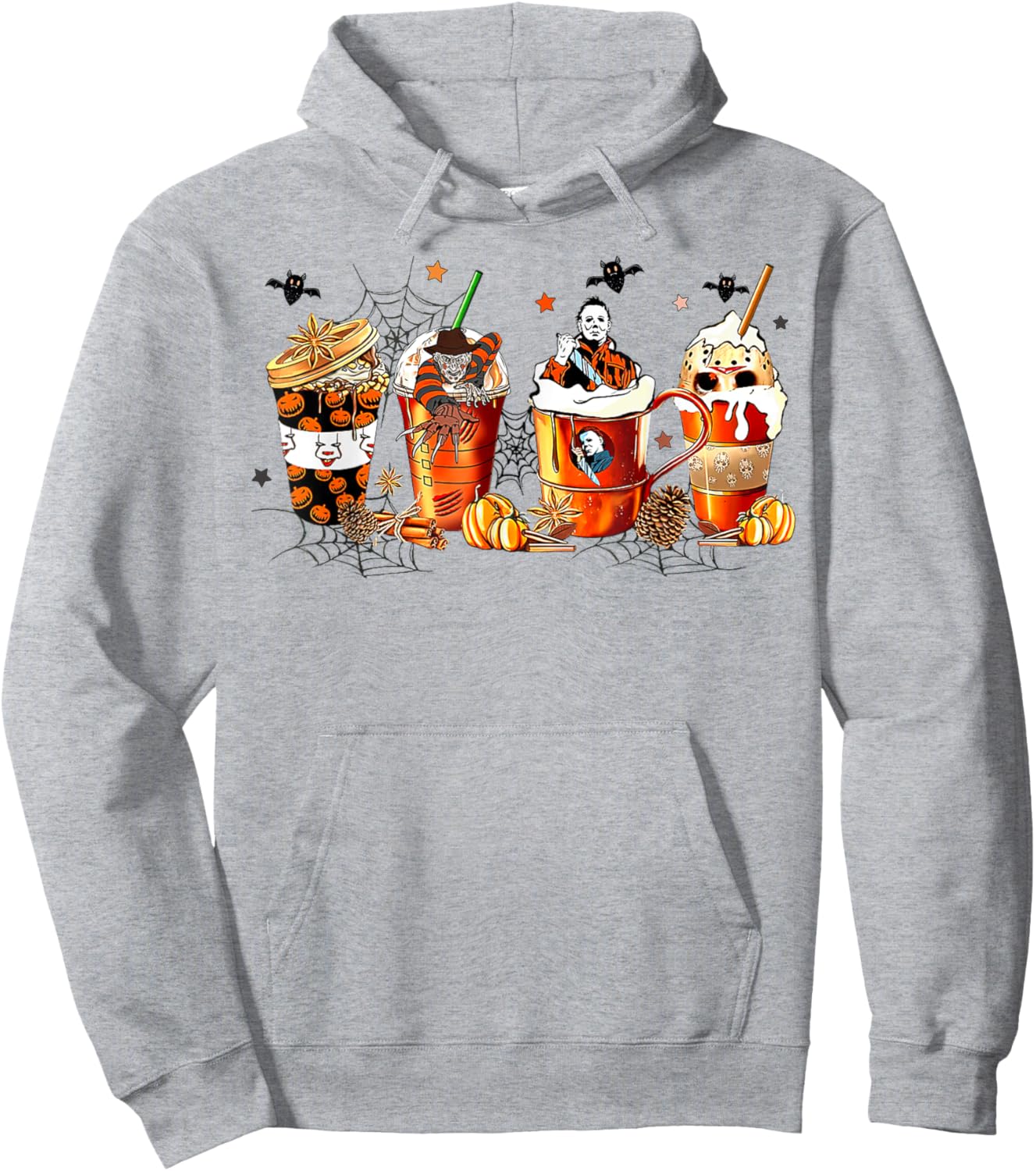 Vintage Halloween Horror Latte Coffee Cups Ghost Skeleton Hoodie - Hoodie | Ash