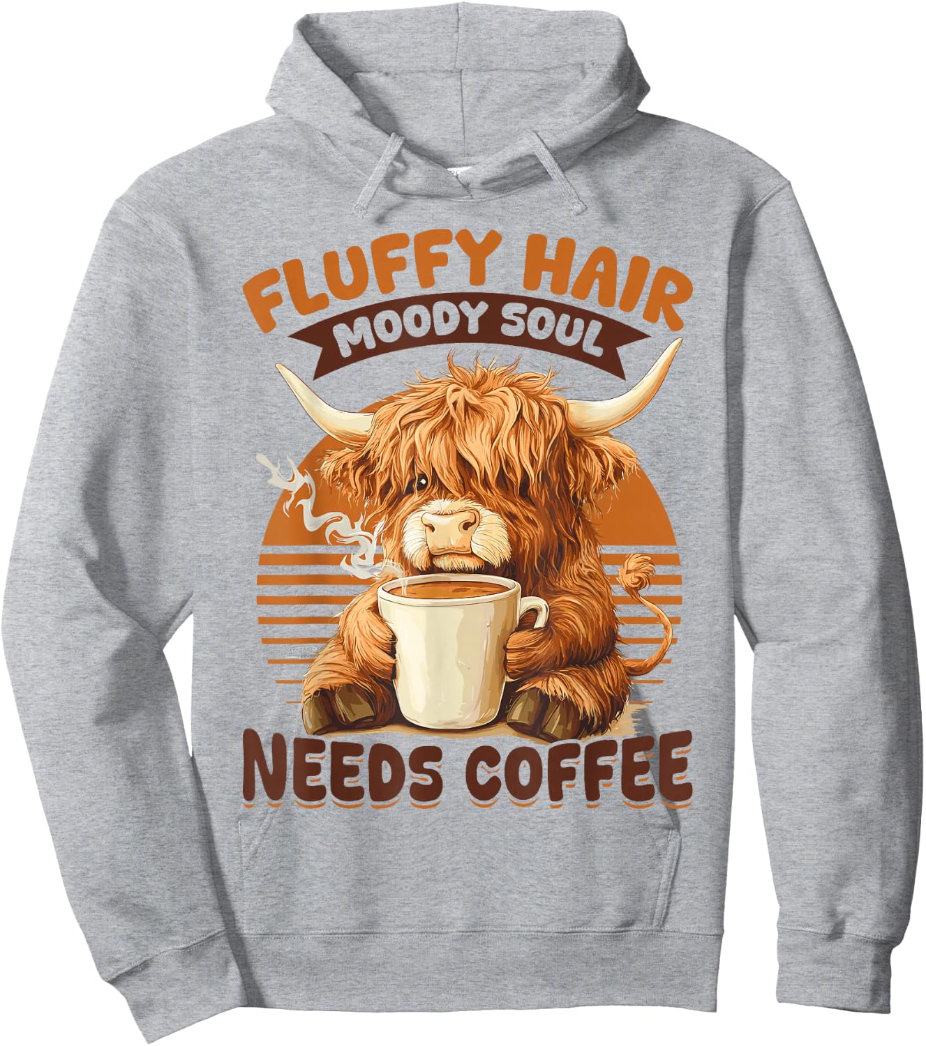 Scottish Highland Cow Coffee Fluffy Hair, Moody Soul, Needs Hoodie - Hoodie | Ash