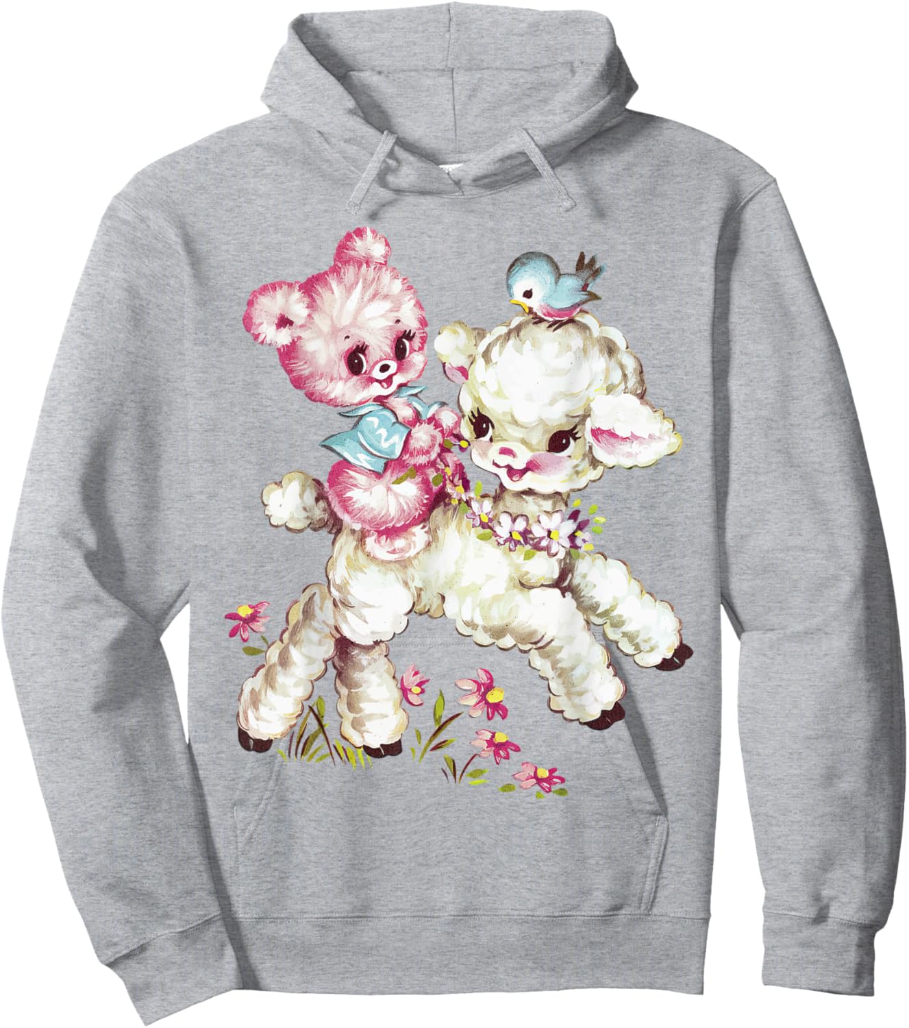 Vintage Easter Cute Lamb Bear Spring Flowers Retro Vintage Hoodie - Hoodie | Ash