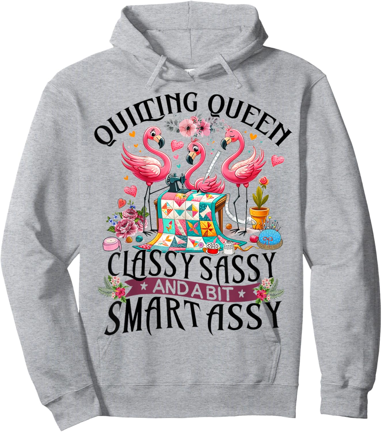 Funny Quilting Queen Cute Flamingo Quilter Sewing Sewer Hoodie - Hoodie | Ash