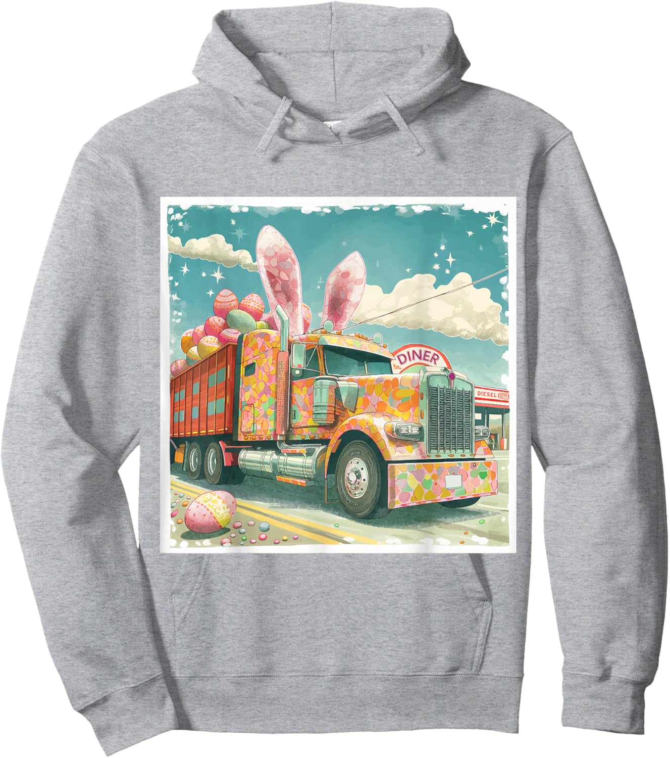 Semi Truck Lover's Easter Bunny, Retro Art Hoodie - Hoodie | Ash