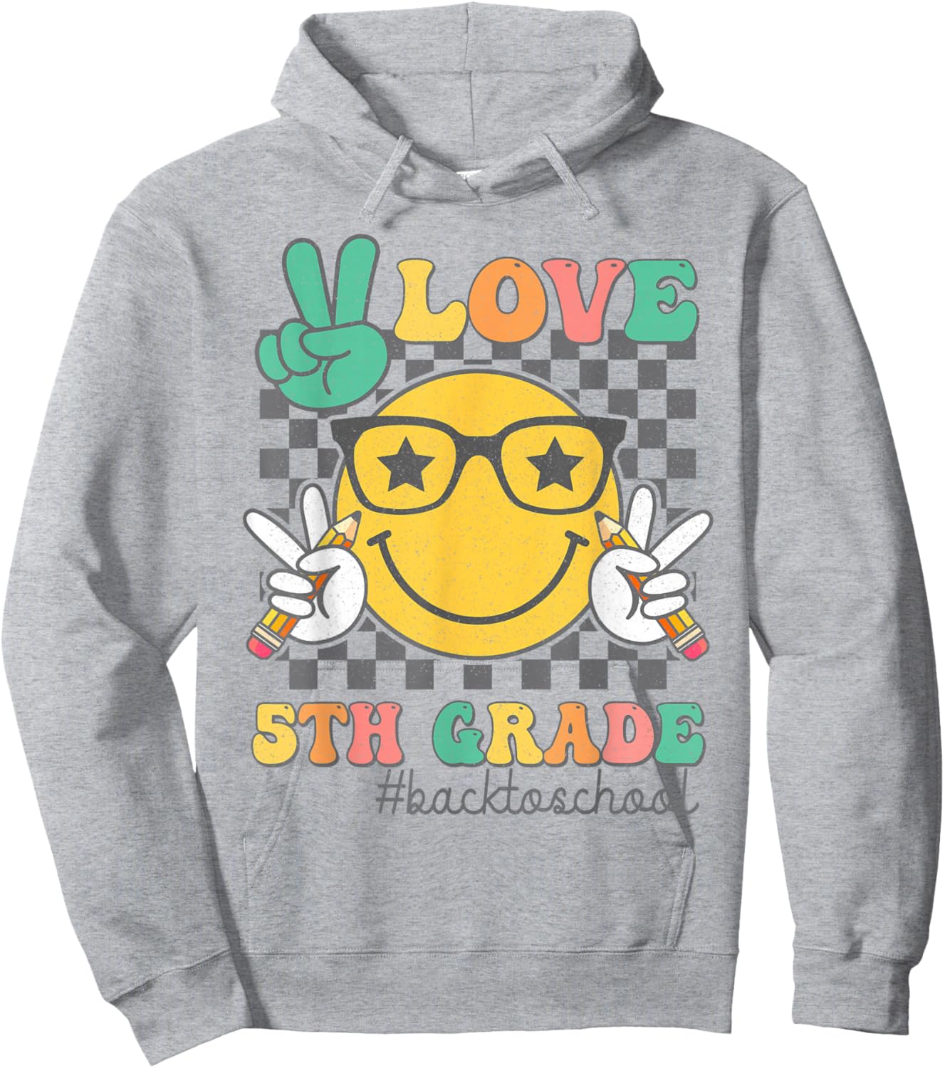 Peace Love 5th Grade Cute Smile Face Back to School Girls Hoodie - Hoodie | Ash