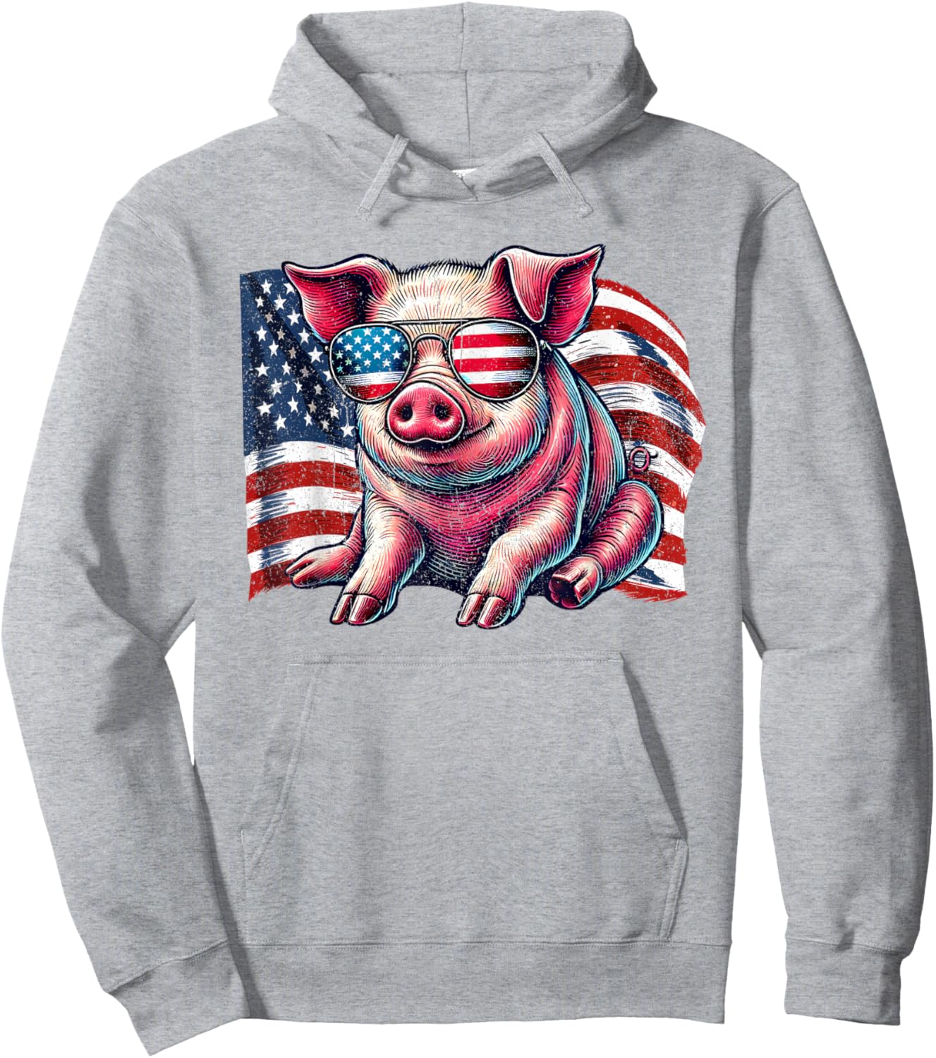 Pig Animals Lover American Flag Patriotic Sunglasses Vintage Hoodie - Hoodie | Ash