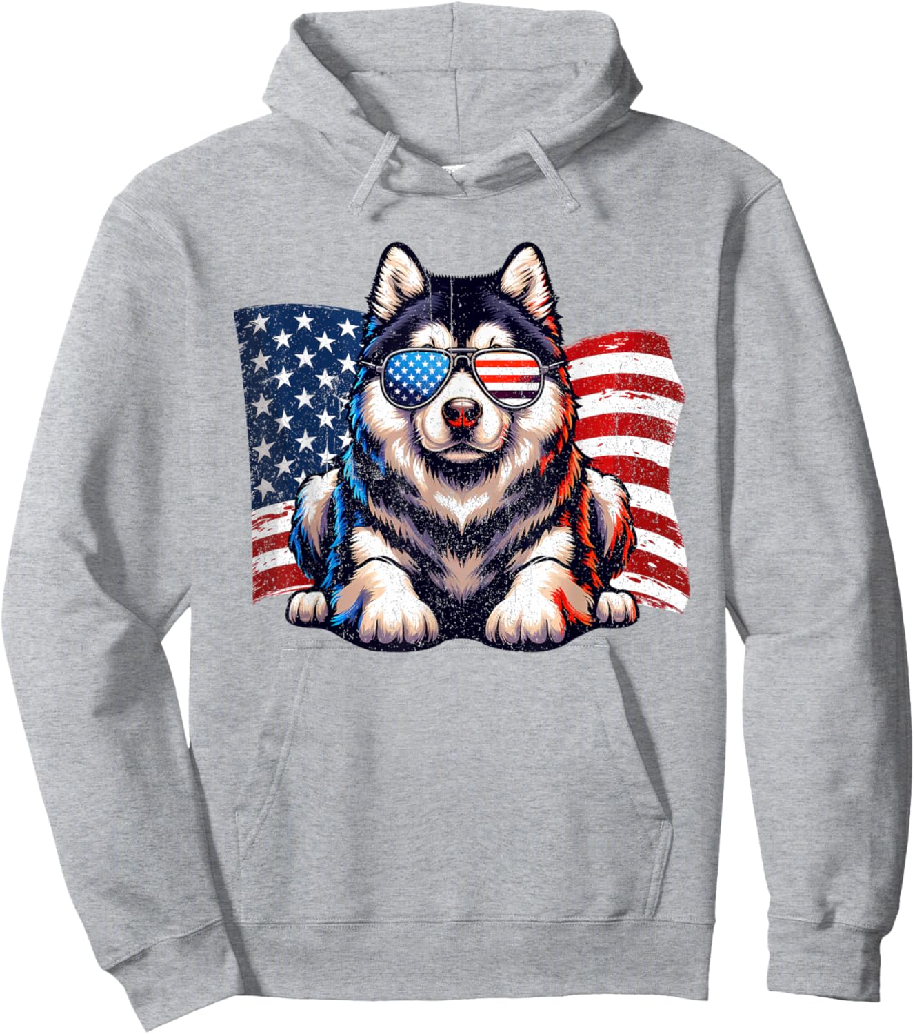 Vintage Alaskan Malamute American Flag Sunglasses Patriotic Hoodie - Hoodie | Ash