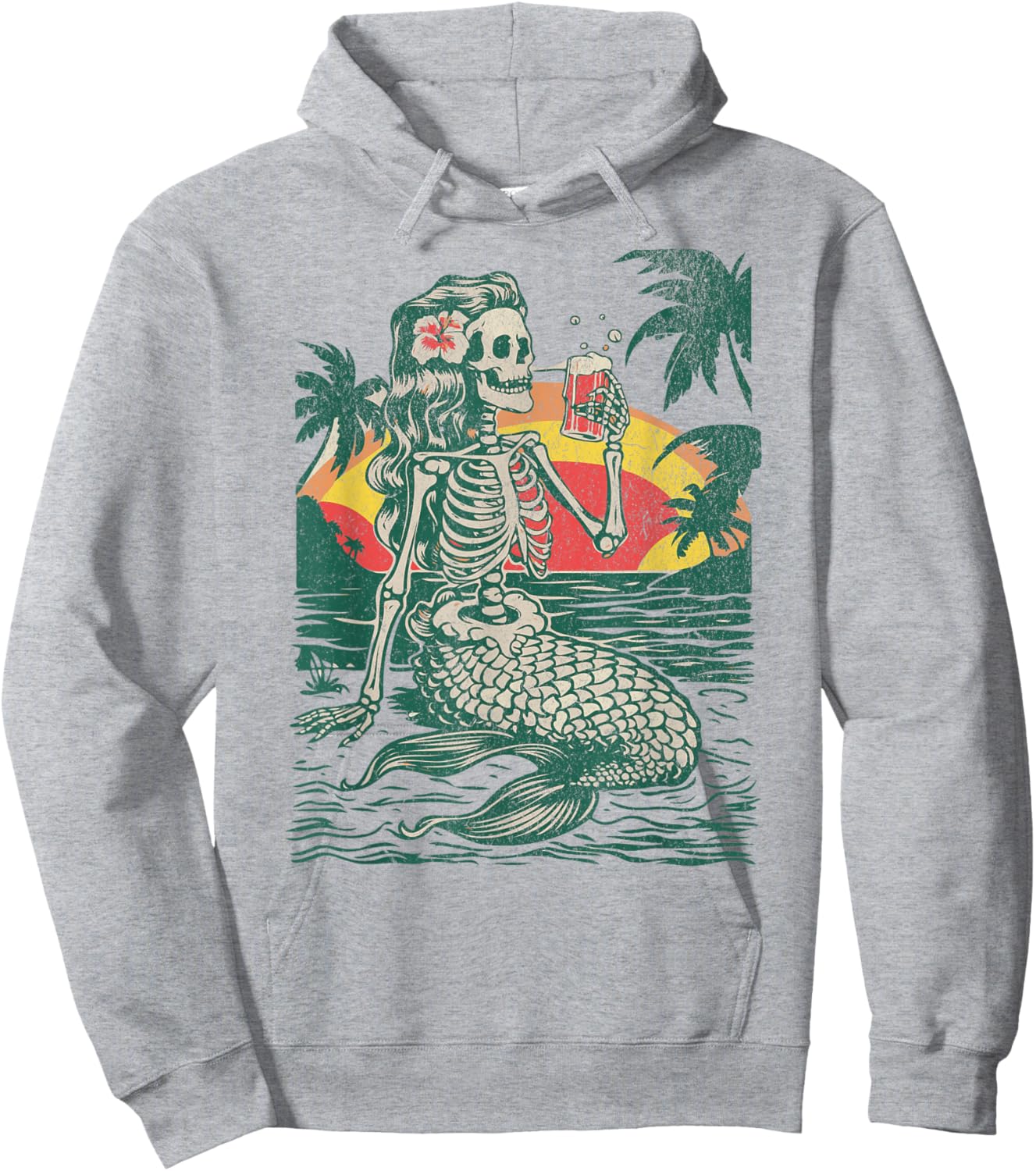 Skeleton Mermaid Drinking at Sunset Retro Hoodie - Hoodie | Ash
