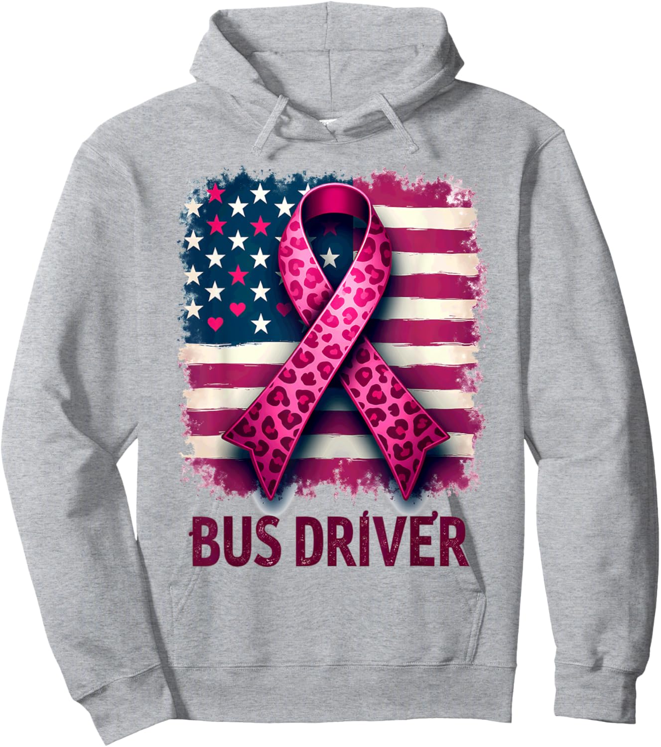 Bus Driver US Flag Pink Ribbon Breast Cancer Awareness Hoodie - Hoodie | Ash