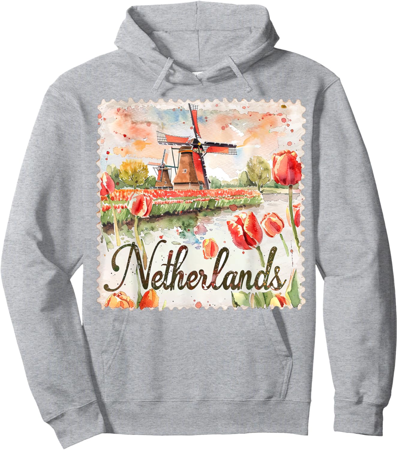 Netherlands Watercolor Windmill Tulips Travel Souvenir Hoodie - Hoodie | Ash
