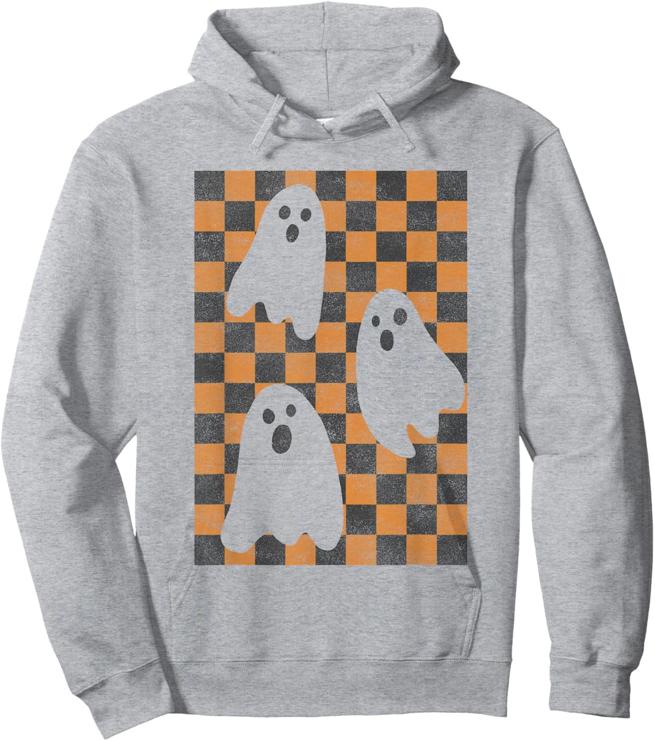 Halloween Ghosts Spooky Season Checker Board Distressed Hoodie - Hoodie | Ash