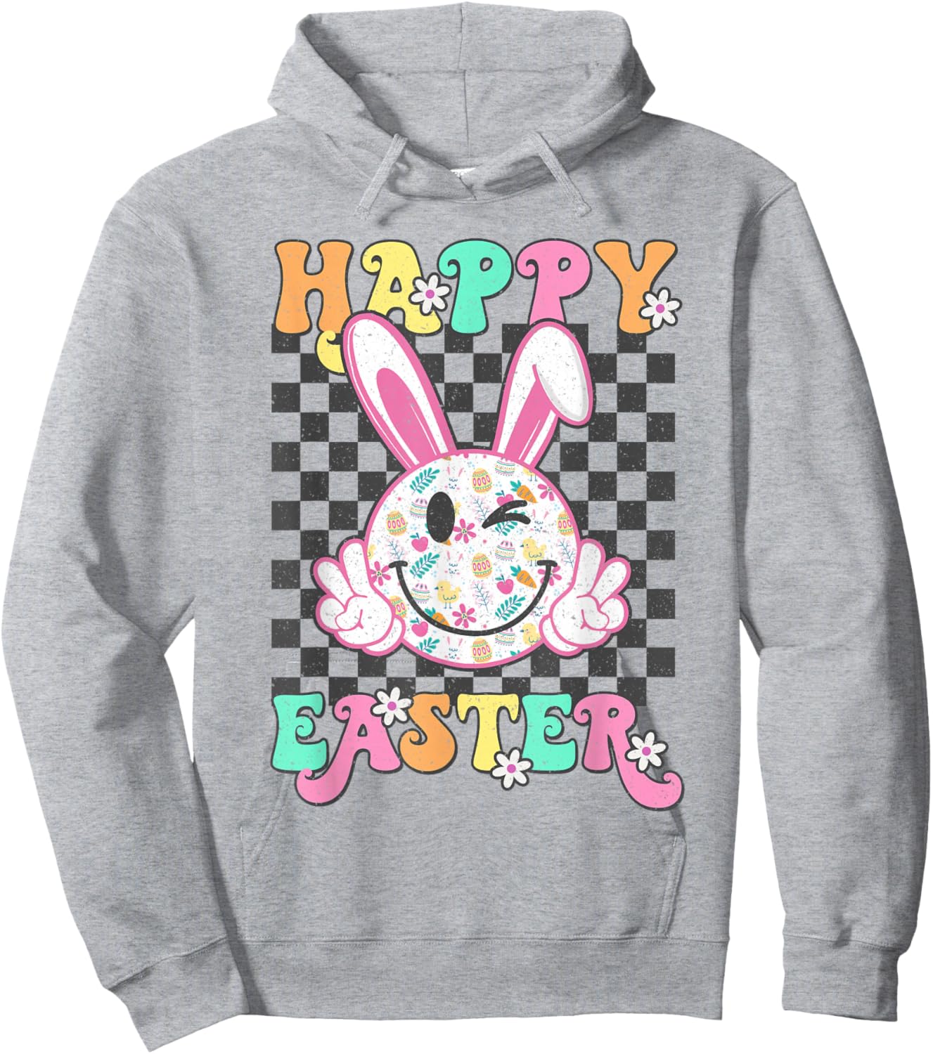 Retro Groovy Happy Easter Bunny Checkered Smile Girls Hoodie - Hoodie | Ash