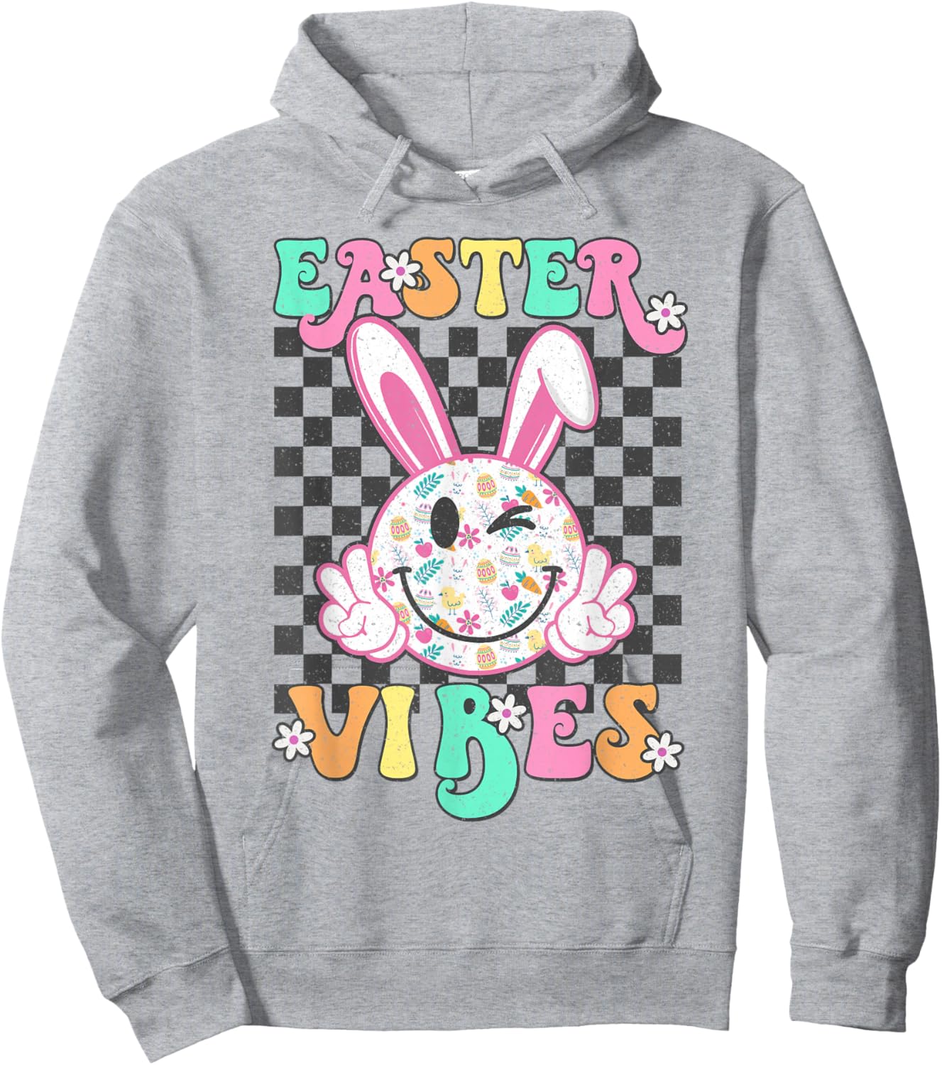 Retro Groovy Easter Vibes Bunny Checkered Smile Girls Hoodie - Hoodie | Ash