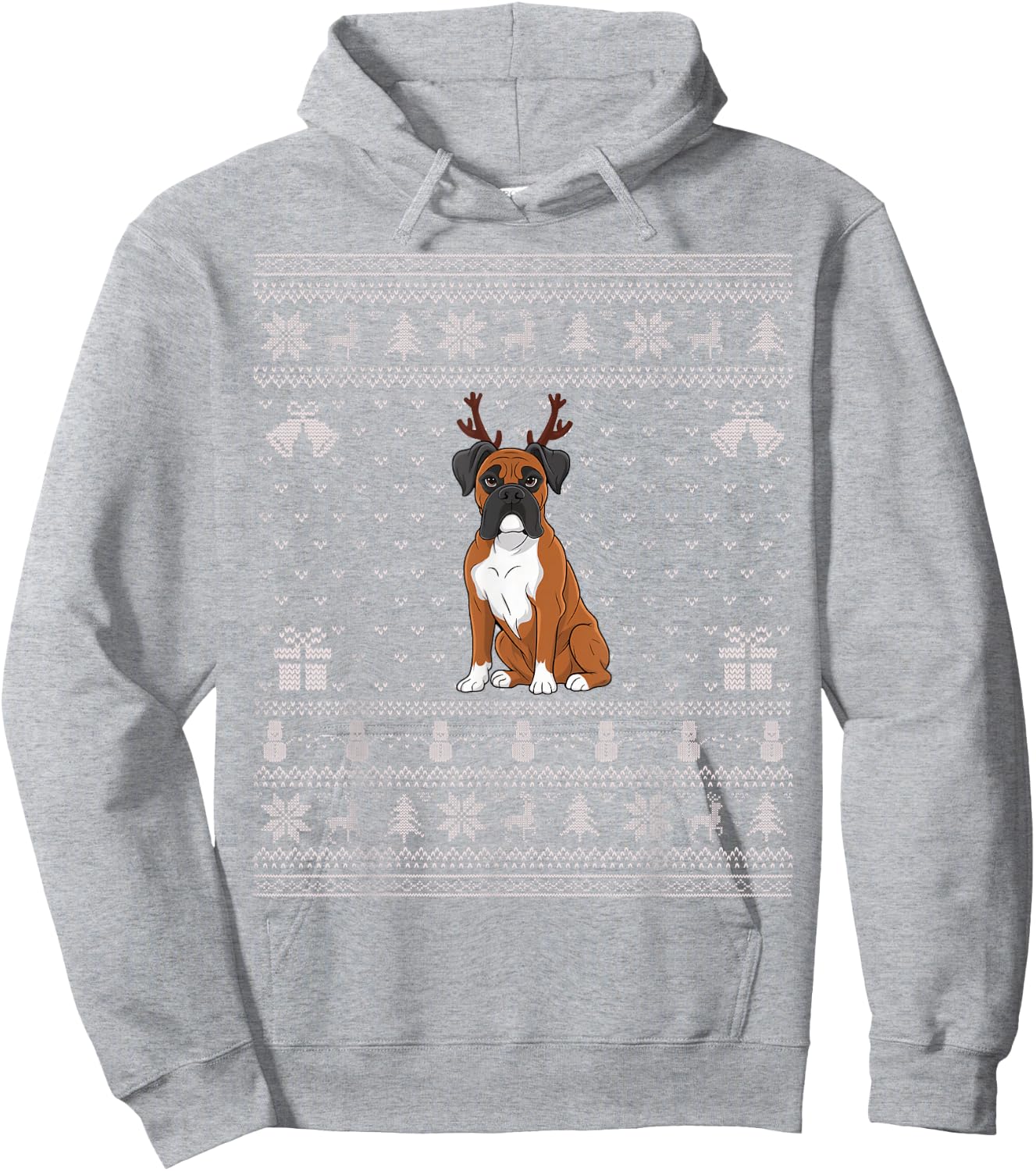 Ugly Xmas Sweater Style Boxer Dog Reindeer Christmas Women Kids Hoodie - Hoodie | Ash