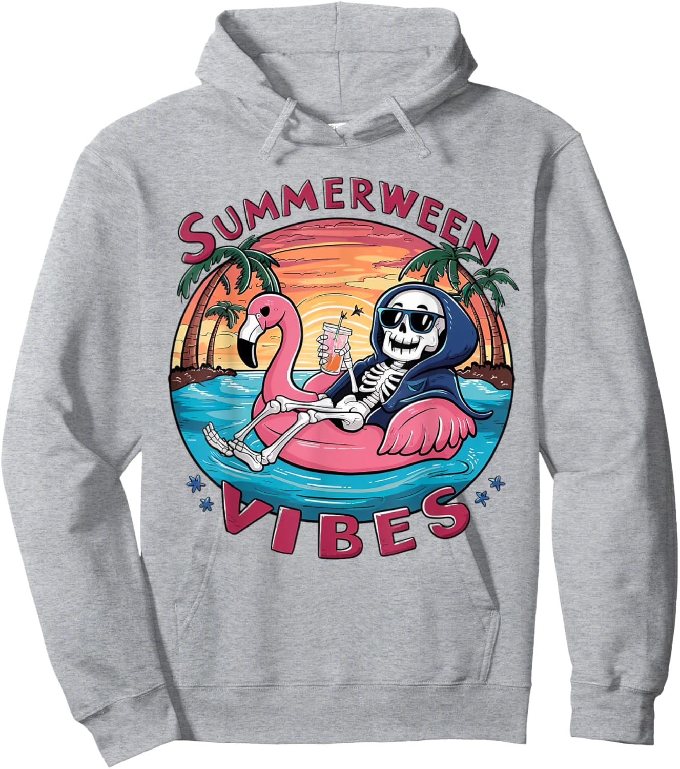 Summerween Vibes Halloween Summer Fun Flamingo Skeleton Hoodie - Hoodie | Ash