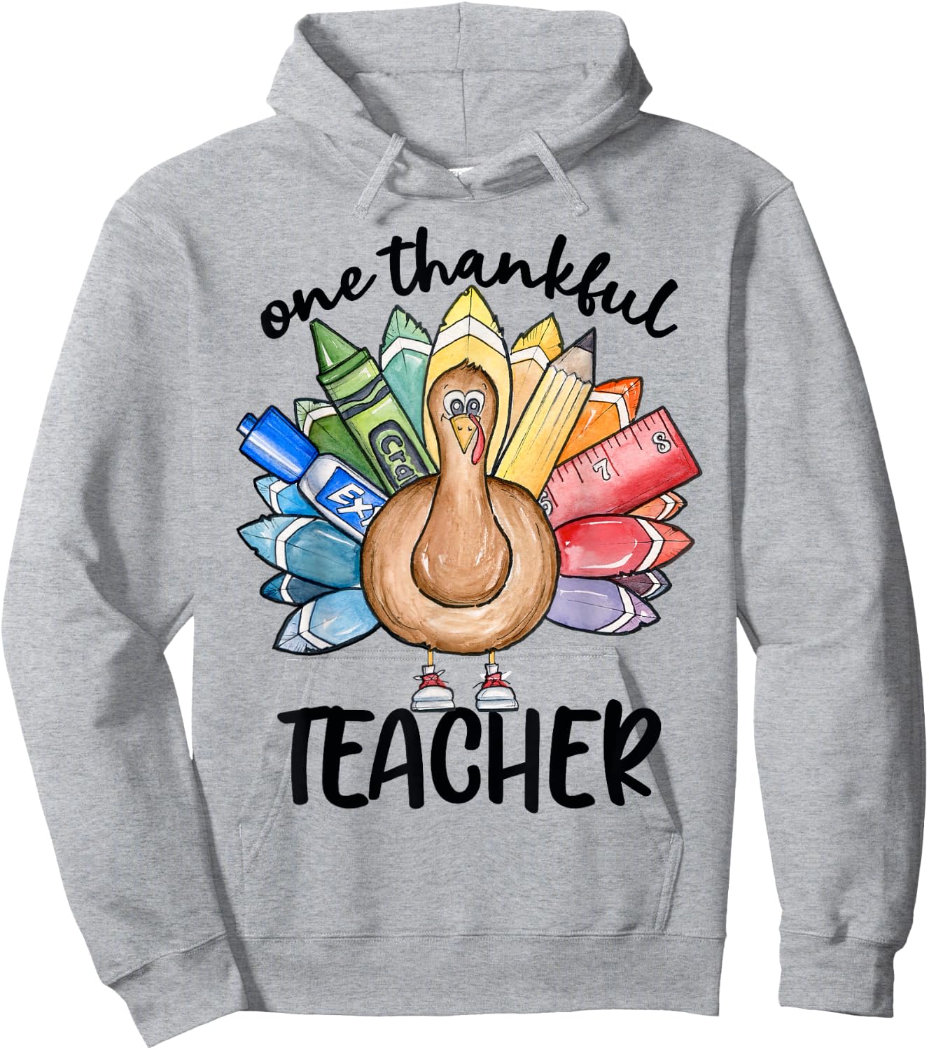 One Thankful Teacher Thanksgiving Turkey, Cute Crayon Pencil Women Hoodie - Hoodie | Ash