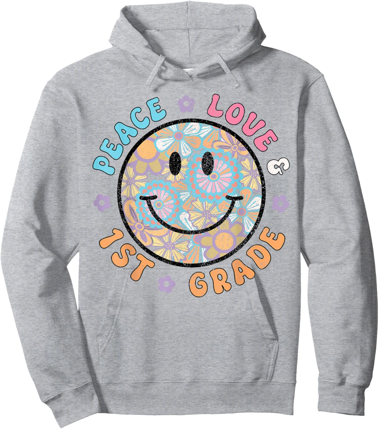Groovy Peace Love FIRST GRADE Retro Teachers Back to School Hoodie - Hoodie | Ash