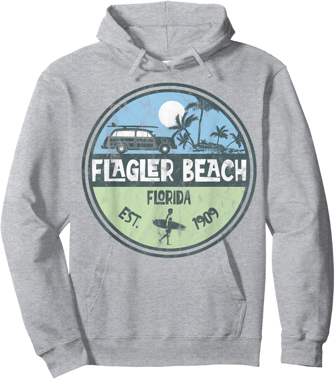 Flagler Beach Florida Wagon Beach Palms Surfer Vintage Women Kids Hoodie - Hoodie | Ash