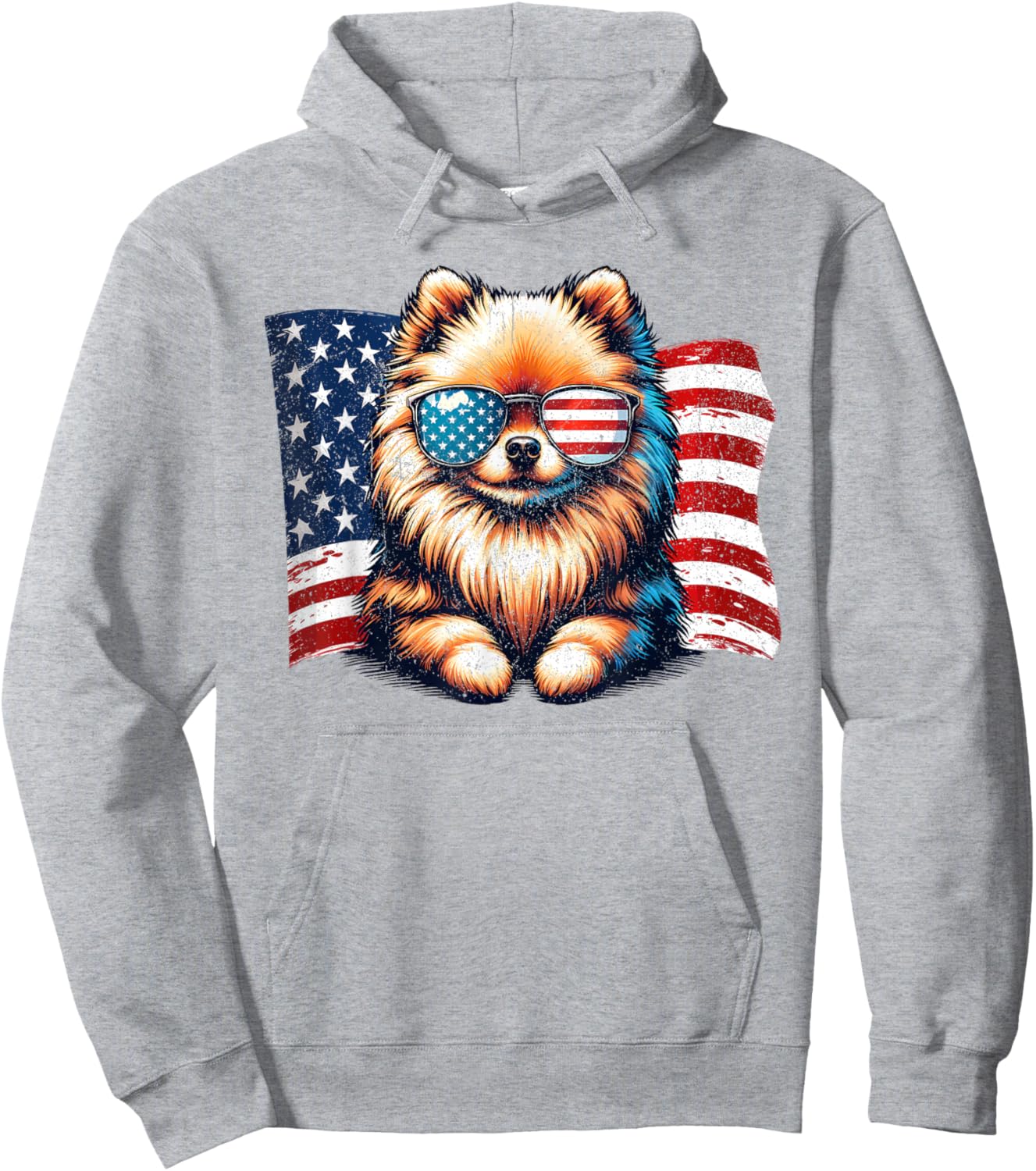 Vintage Pomeranian Dogs American Flag Sunglasses Patriotic Hoodie - Hoodie | Ash