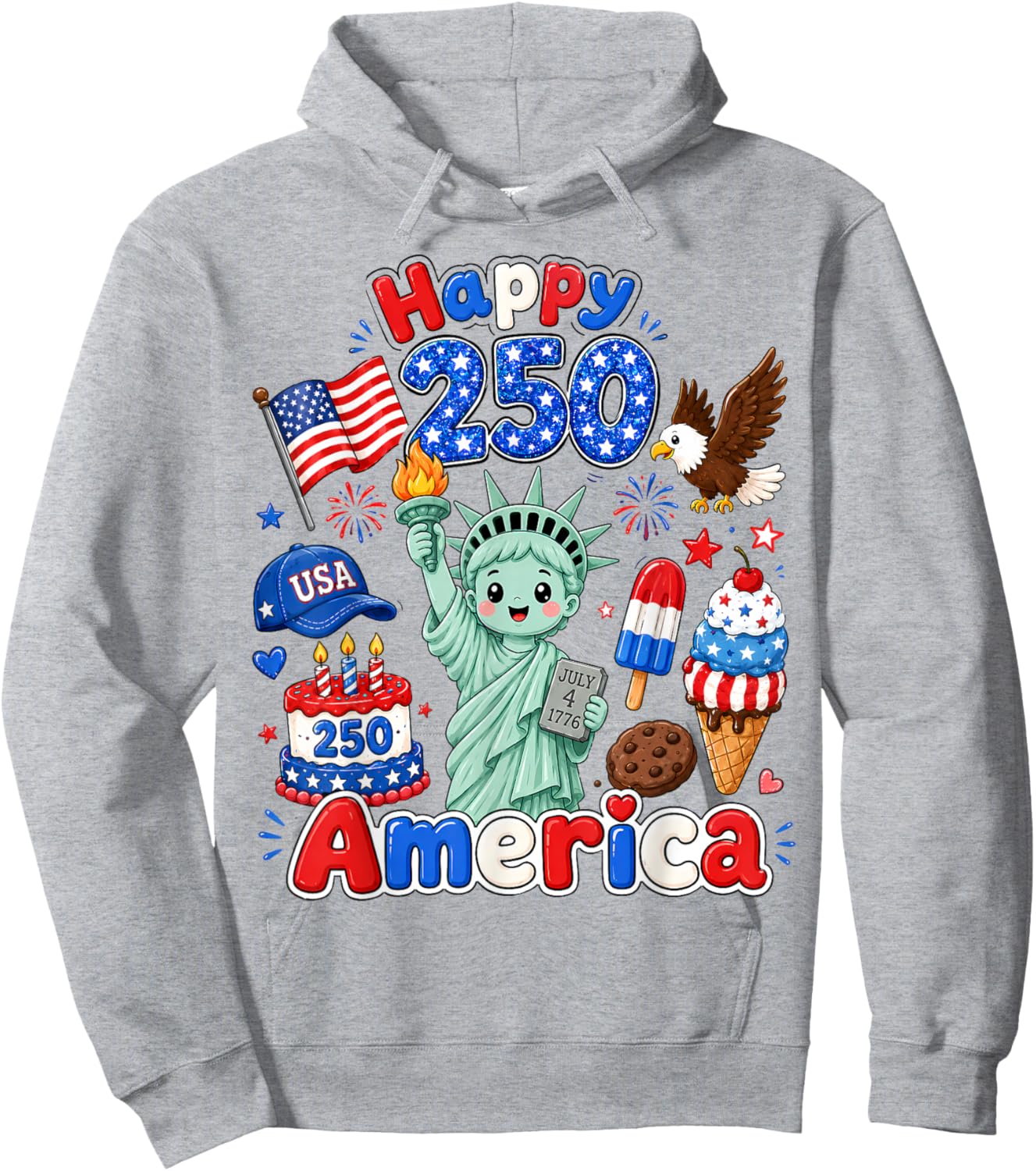 Boy Kids 4th of July Happy 250 America 1776-2026 Patriotic Hoodie - Hoodie | Ash