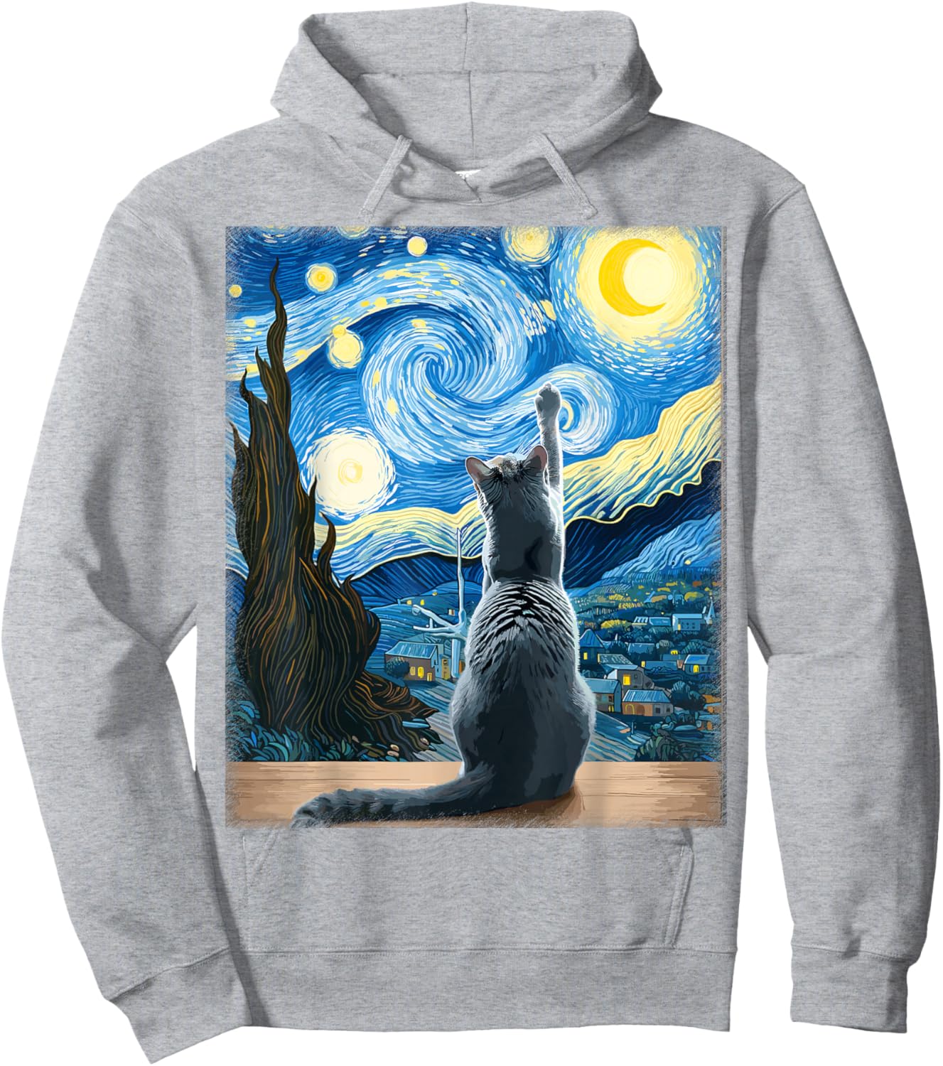 Van Gogh Starry Night Style Artistic Russian Blue Cat Hoodie - Hoodie | Ash