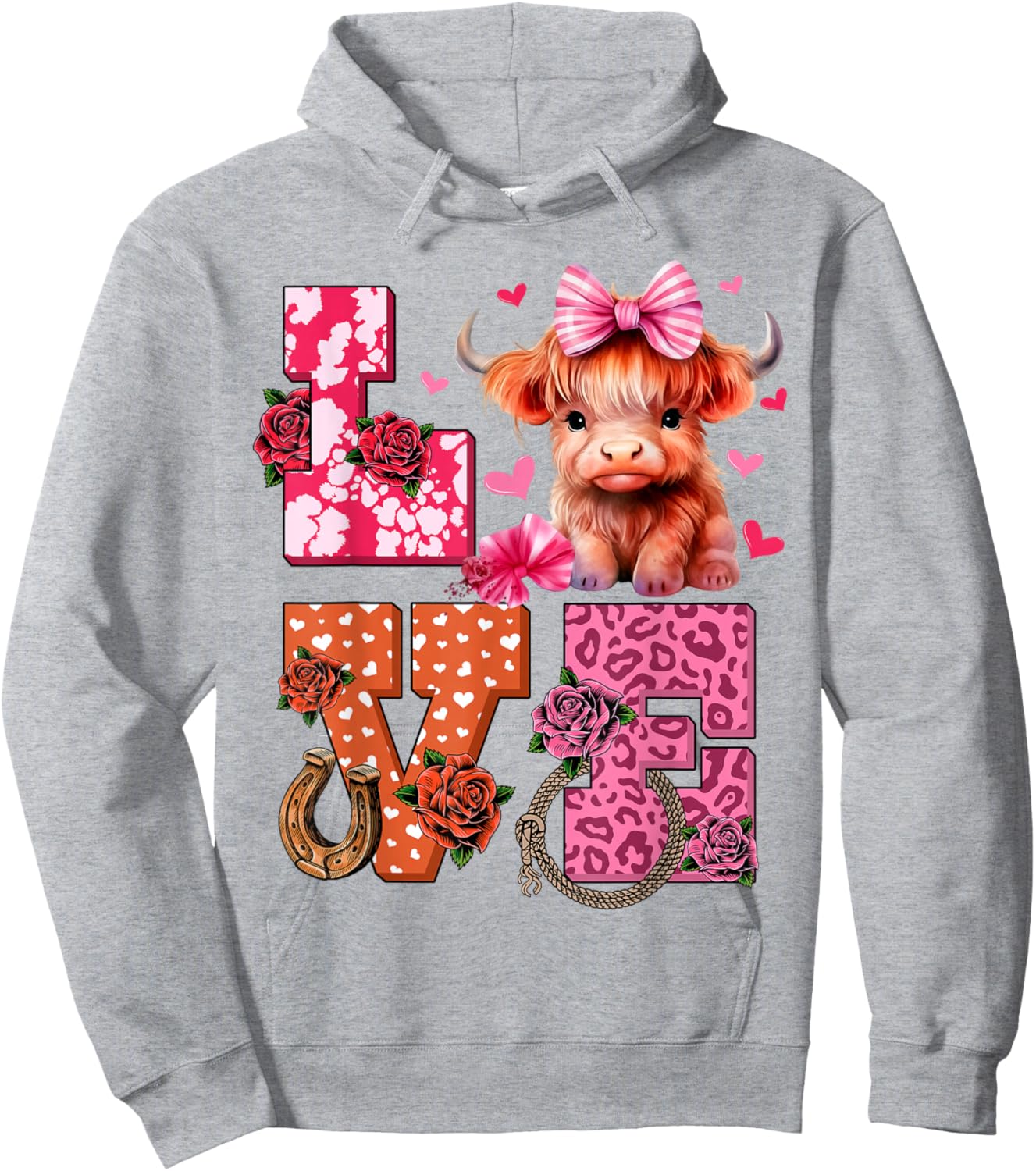 Cute Highland Cow And Pink Heart Valentines Day Love Leopard Hoodie - Hoodie | Ash