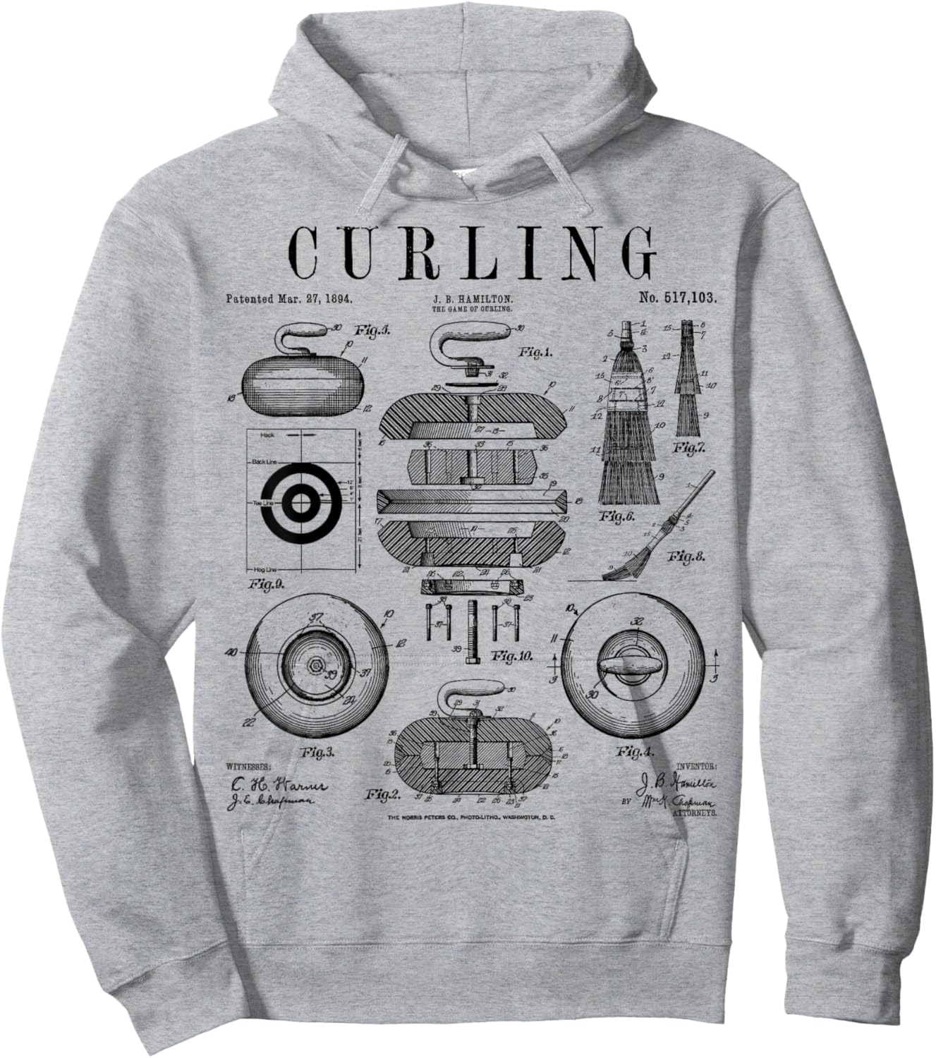 Curling Stone Player Curler Winter Sports Vintage Patent Hoodie - Hoodie | Ash