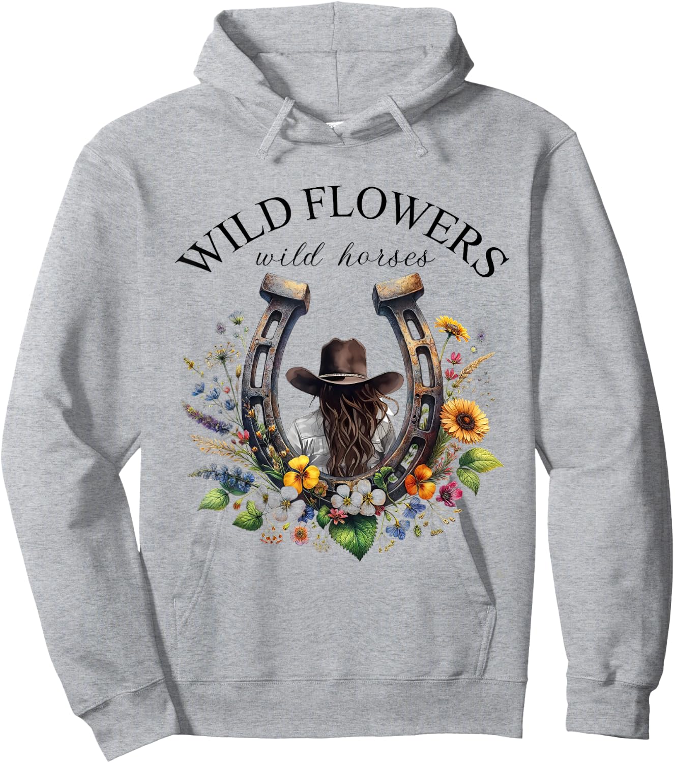 Retro Southern Sunset Cowgirl Wild Flowers - Wild Horses Hoodie - Hoodie | Ash