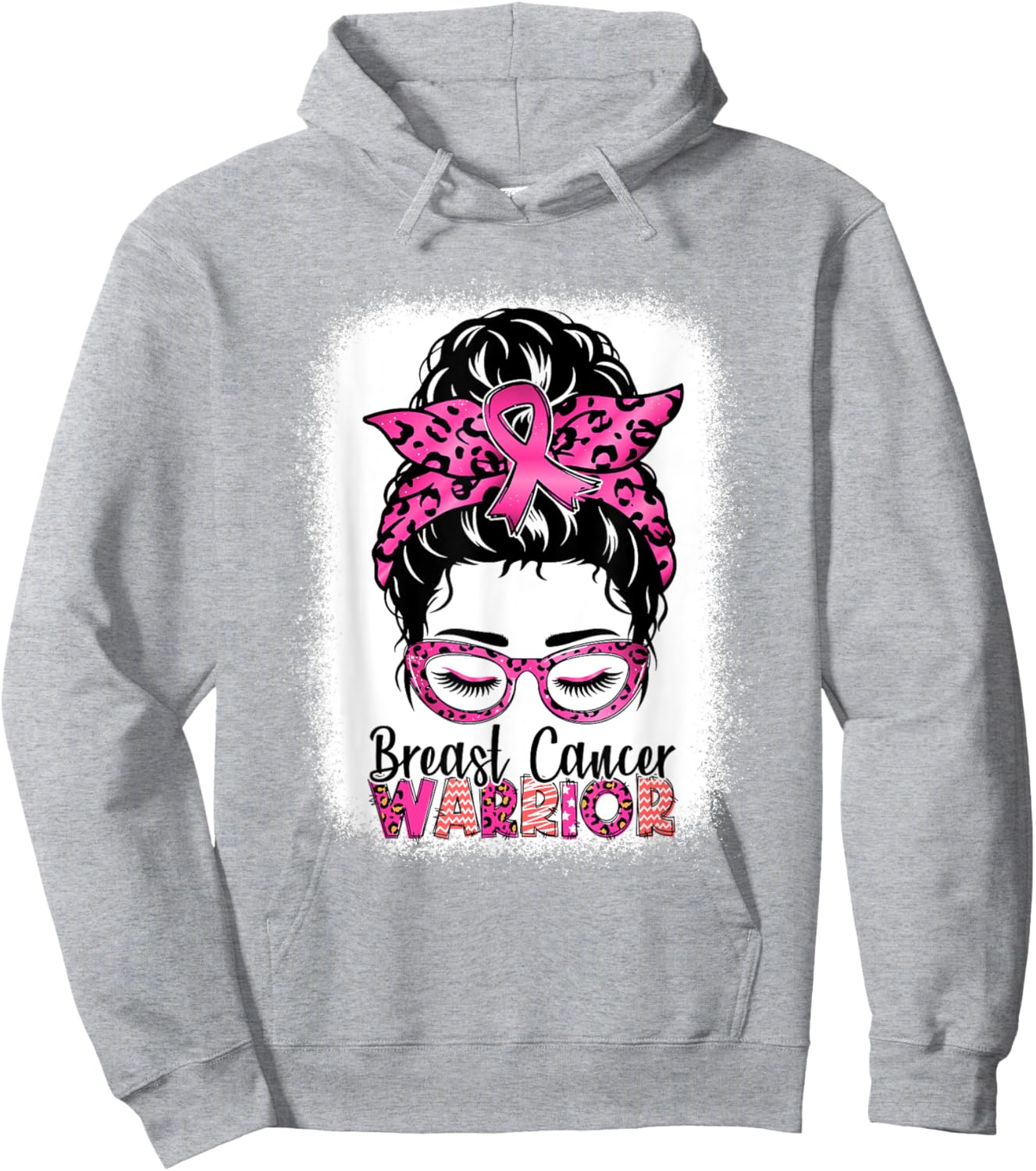 Messy Bun Wear Pink Warrior Breast Cancer Awareness Bleached Hoodie - Hoodie | Ash