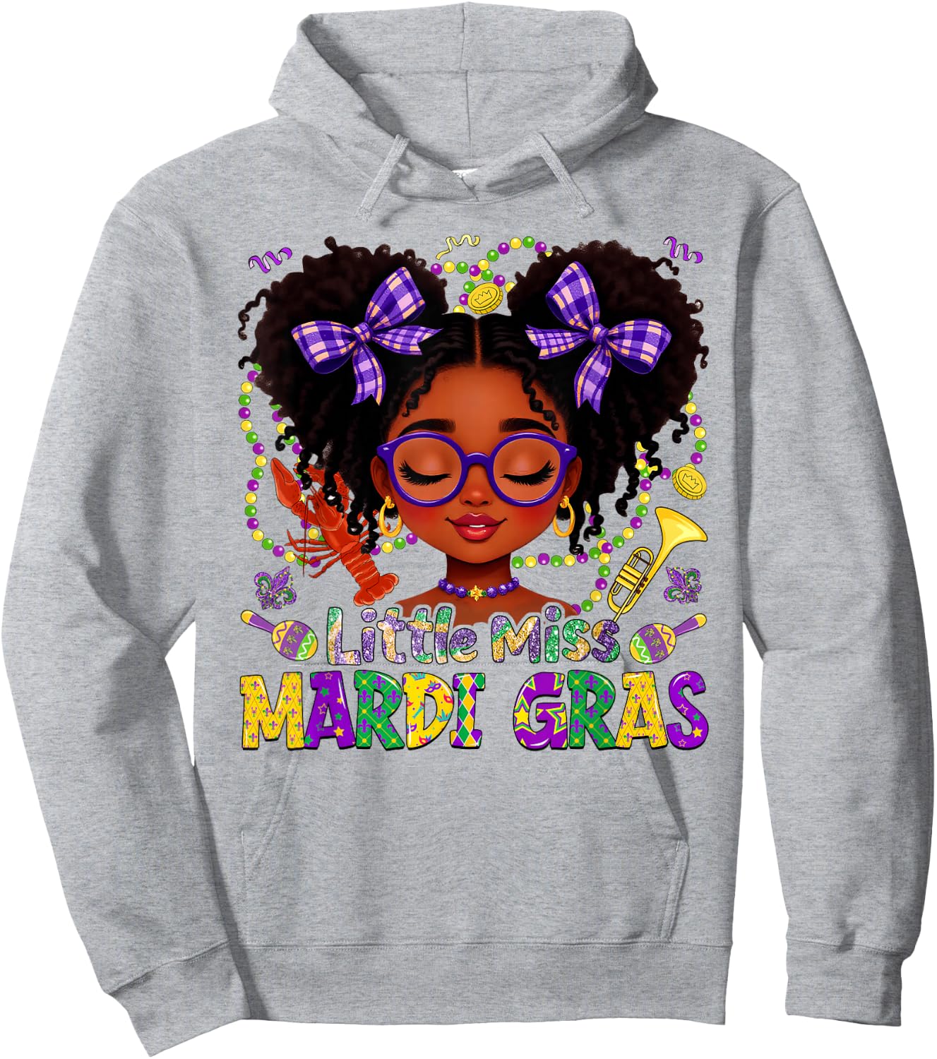 Little Miss Mardi Gras Afro Messy Bun New Orleans Girls Kids Hoodie - Hoodie | Ash