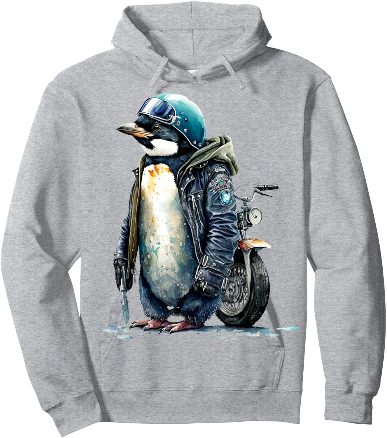 Motor Biker Penguin Helmet Wearing Jacket Funny Motorcycle Hoodie - Hoodie | Ash