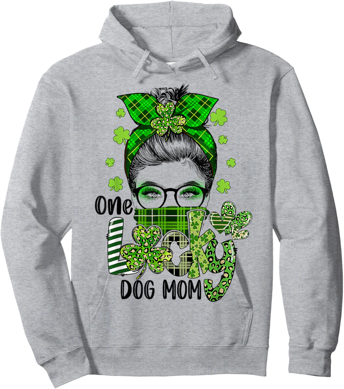 Shamrock Dog Mom One Lucky Messy Bun Funny St Patrick Day Hoodie - Hoodie | Ash