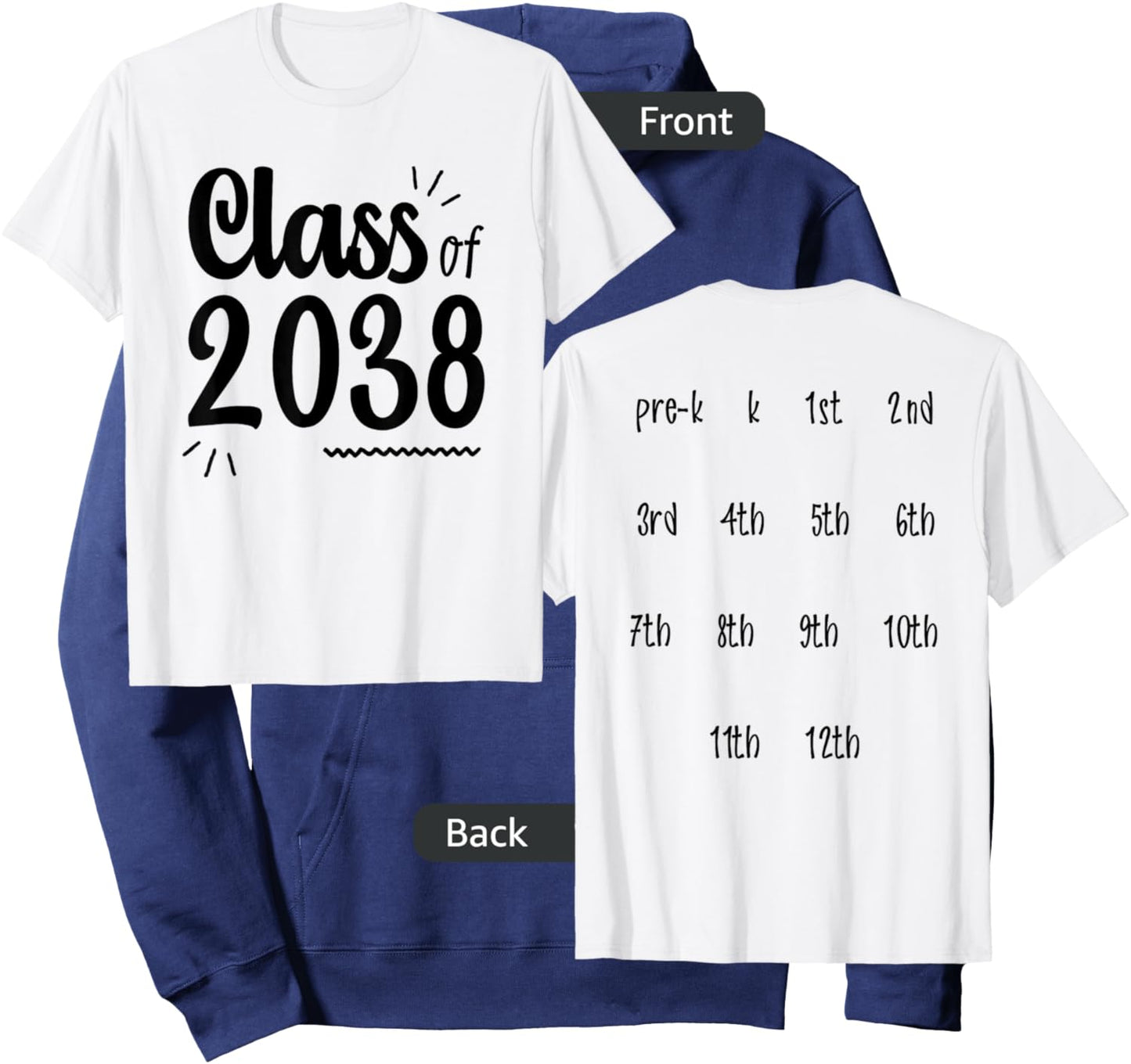 Class of 2038 Grow with Me Handprints On Back Pre-K to 12 Hoodie - Hoodie | Navy