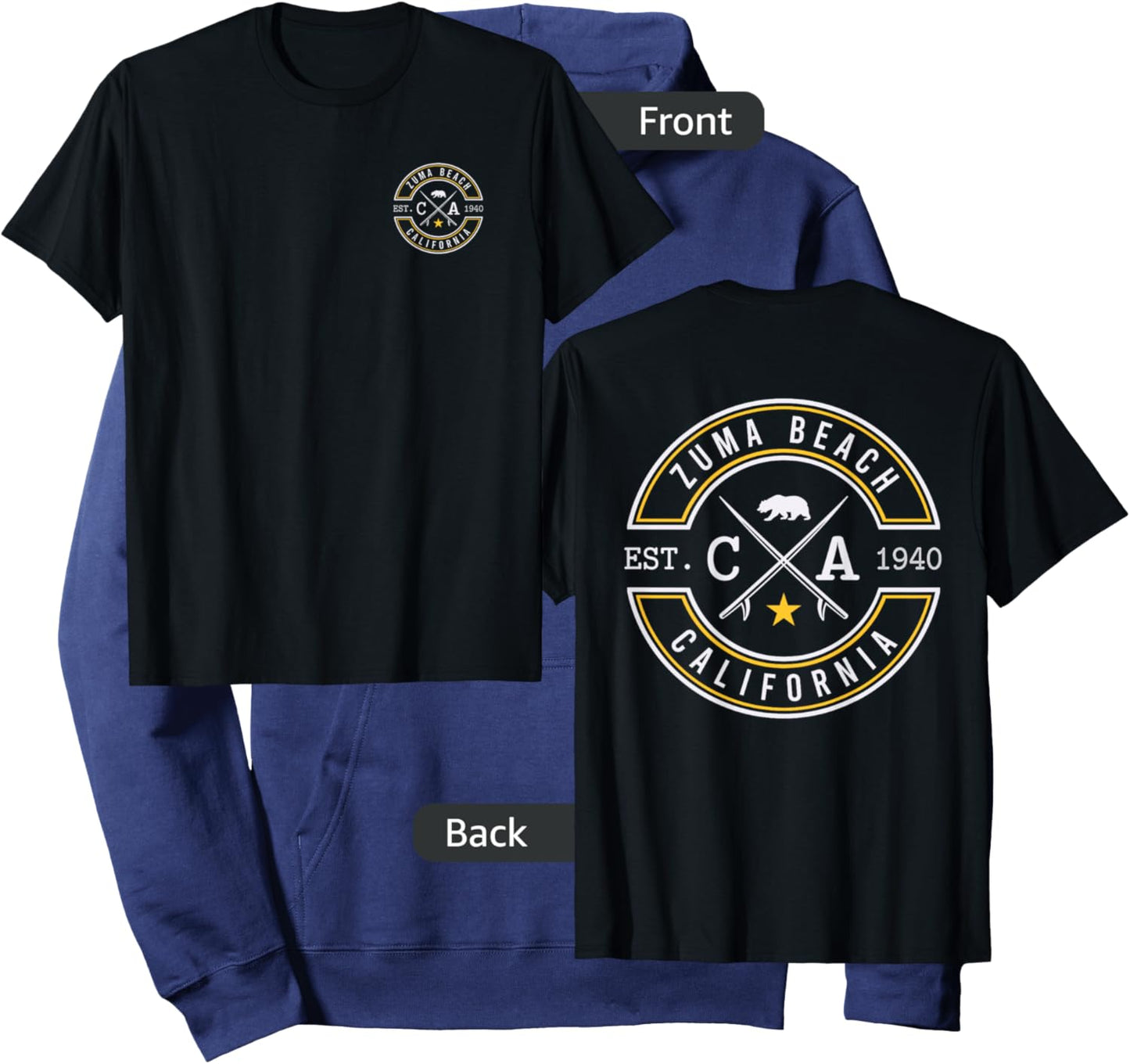 Zuma Beach Beach California CA Retro Surfer Front & Back Hoodie - Hoodie | Navy