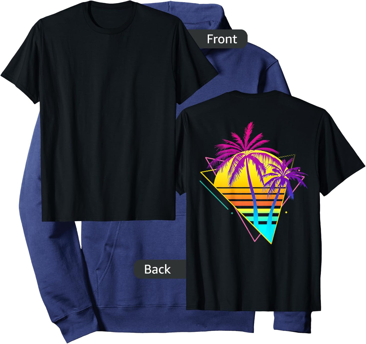 On Back - Retro 80s 90s Vaporwave Tropical Sunset Palm Trees Hoodie - Hoodie | Navy