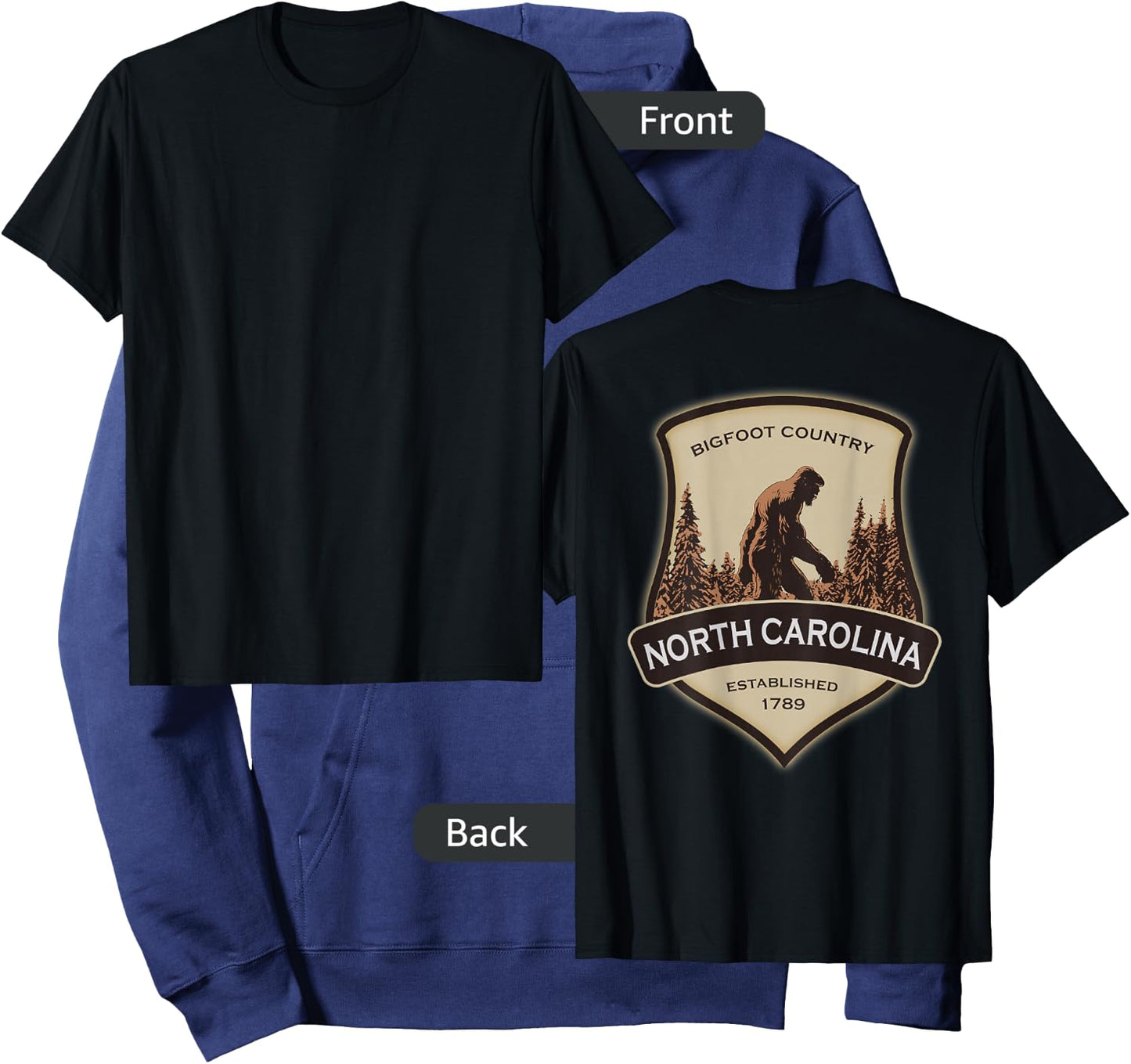 Printed On Back - North Carolina with a Bigfoot or Sasquatch Hoodie - Hoodie | Navy