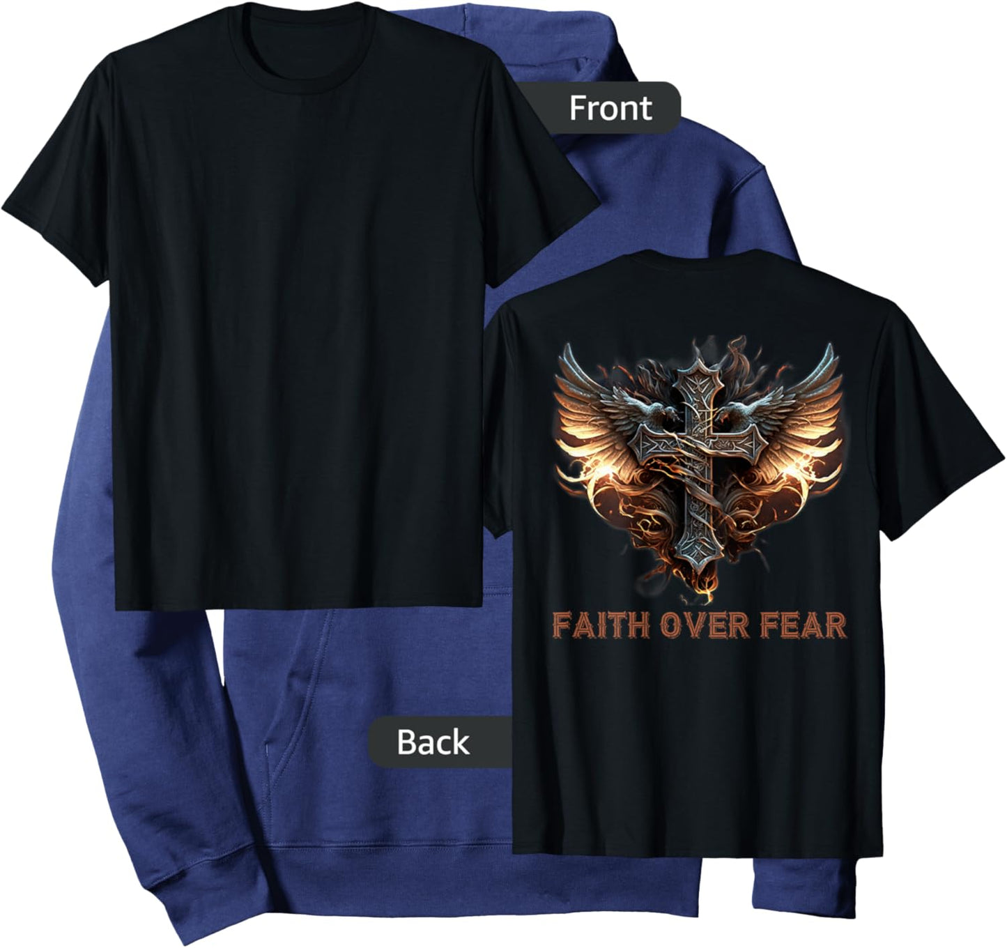Angel Wings Christian Cross Faith Over Fear - On Back Hoodie - Hoodie | Navy