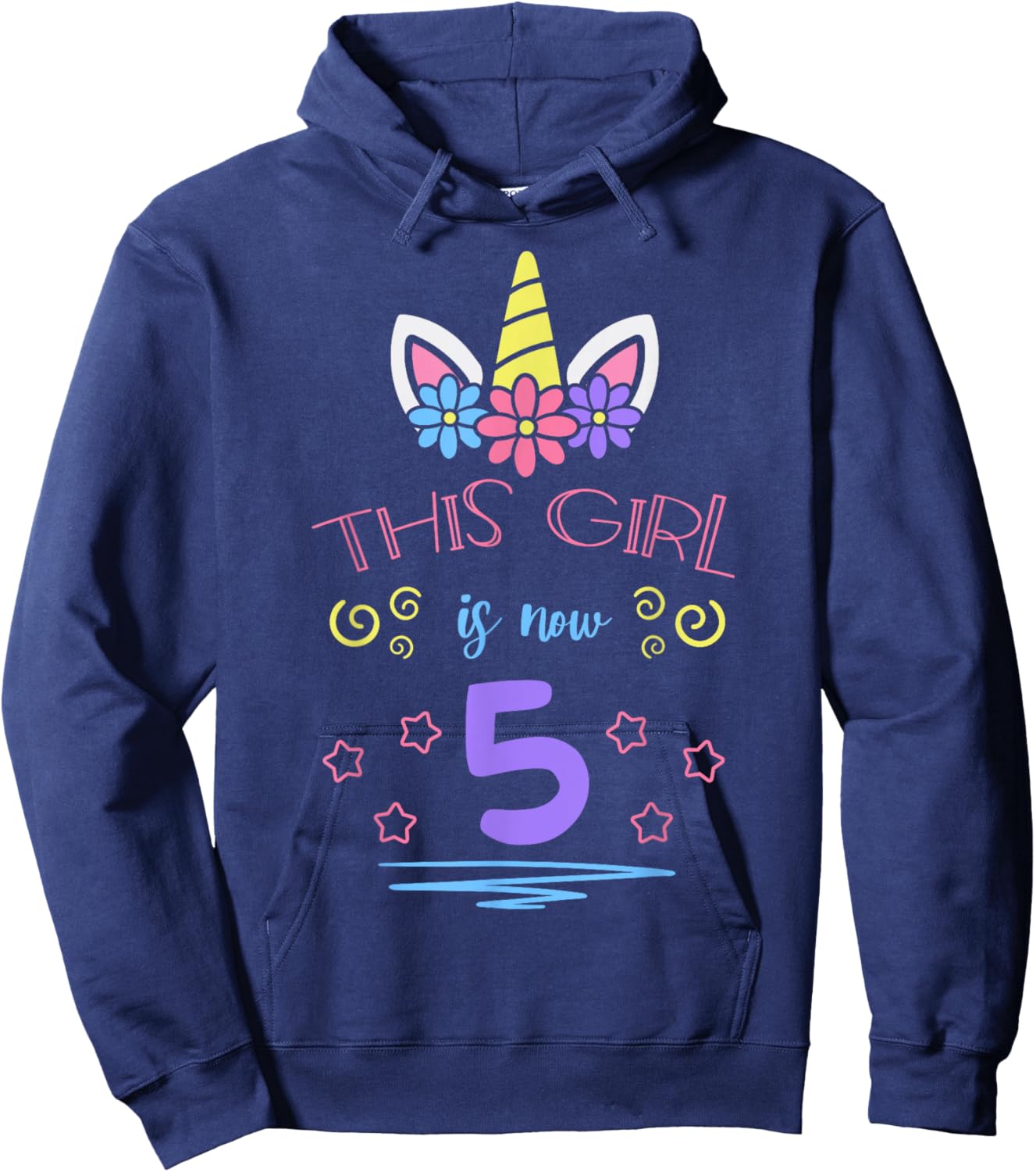 This Girl Is Now 5 Birthday Unicorn Floral Horn Theme Party Hoodie - Hoodie | Navy