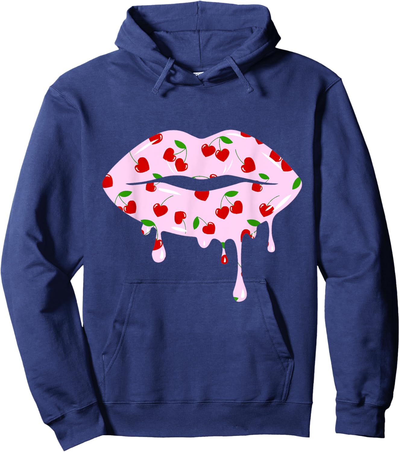 Cute Cherry Hearts Pink Dripping Lips Valentines Day Hoodie - Hoodie | Navy