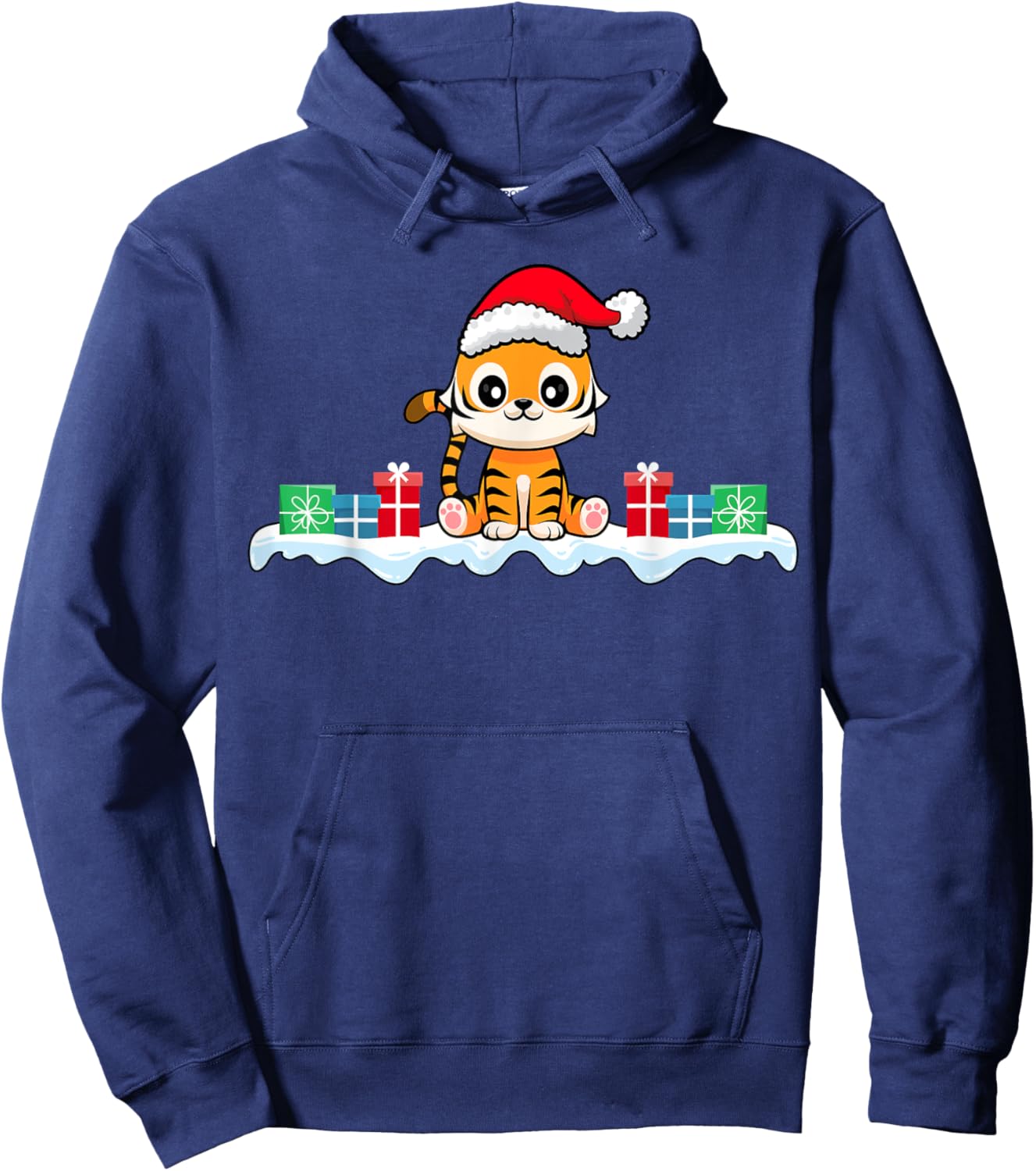Kawaii Tiger Wearing Santa Hat Xmas Tiger Lover Christmas Hoodie - Hoodie | Navy