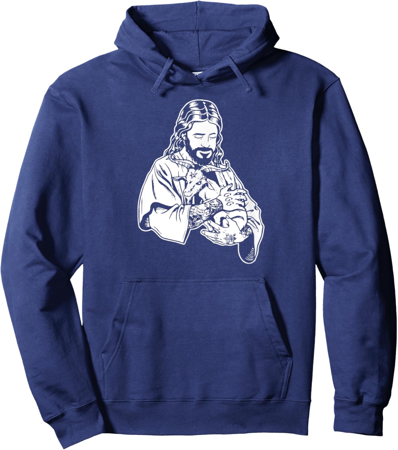 Jesus Holding Goat Baphomet Occult Satanic Tattooed Jesus Hoodie - Hoodie | Navy