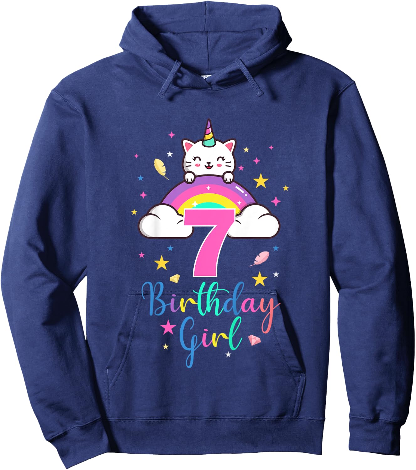 7th Birthday Girl Seven Years Old Birthday Caticorn Rainbow Hoodie - Hoodie | Navy