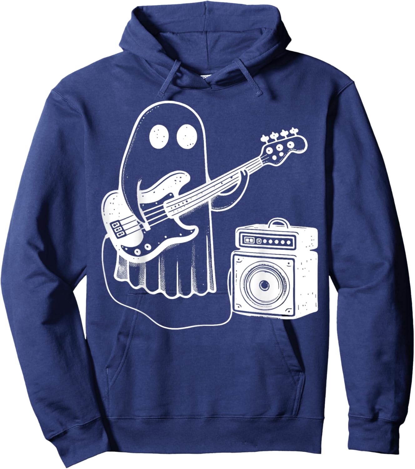 Ghost Playing Electric Bass Guitar Funny Halloween Musician Hoodie - Hoodie | Navy