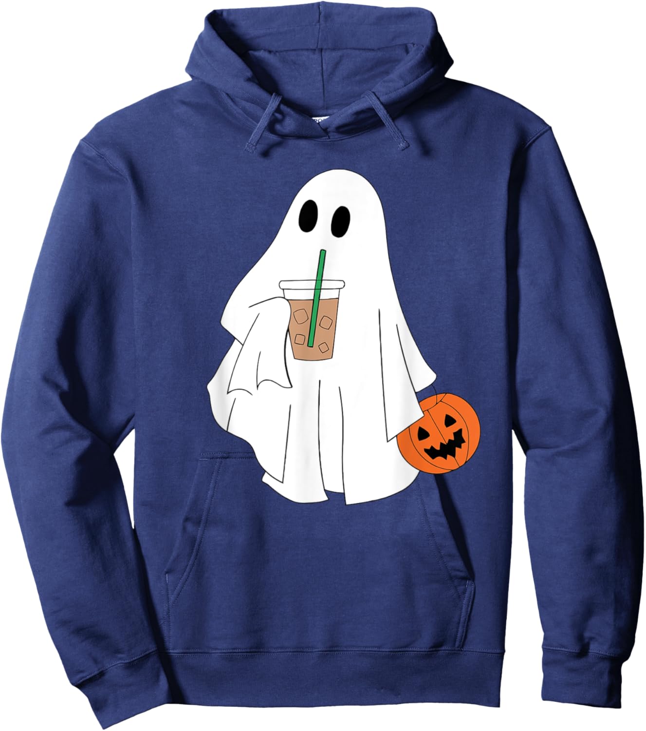 Cute Ghost Drinking Coffee Halloween Ghost Ice Coffee Hoodie - Hoodie | Navy