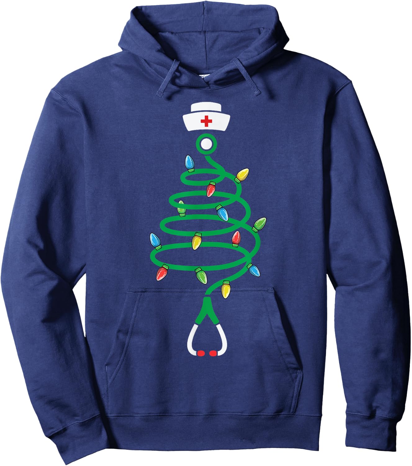 Nurse Christmas Medical Worker Designs Stethoscope Christmas Tree Lights , Adult, Black, Short Sleeve, Small Hoodie - Hoodie | Navy