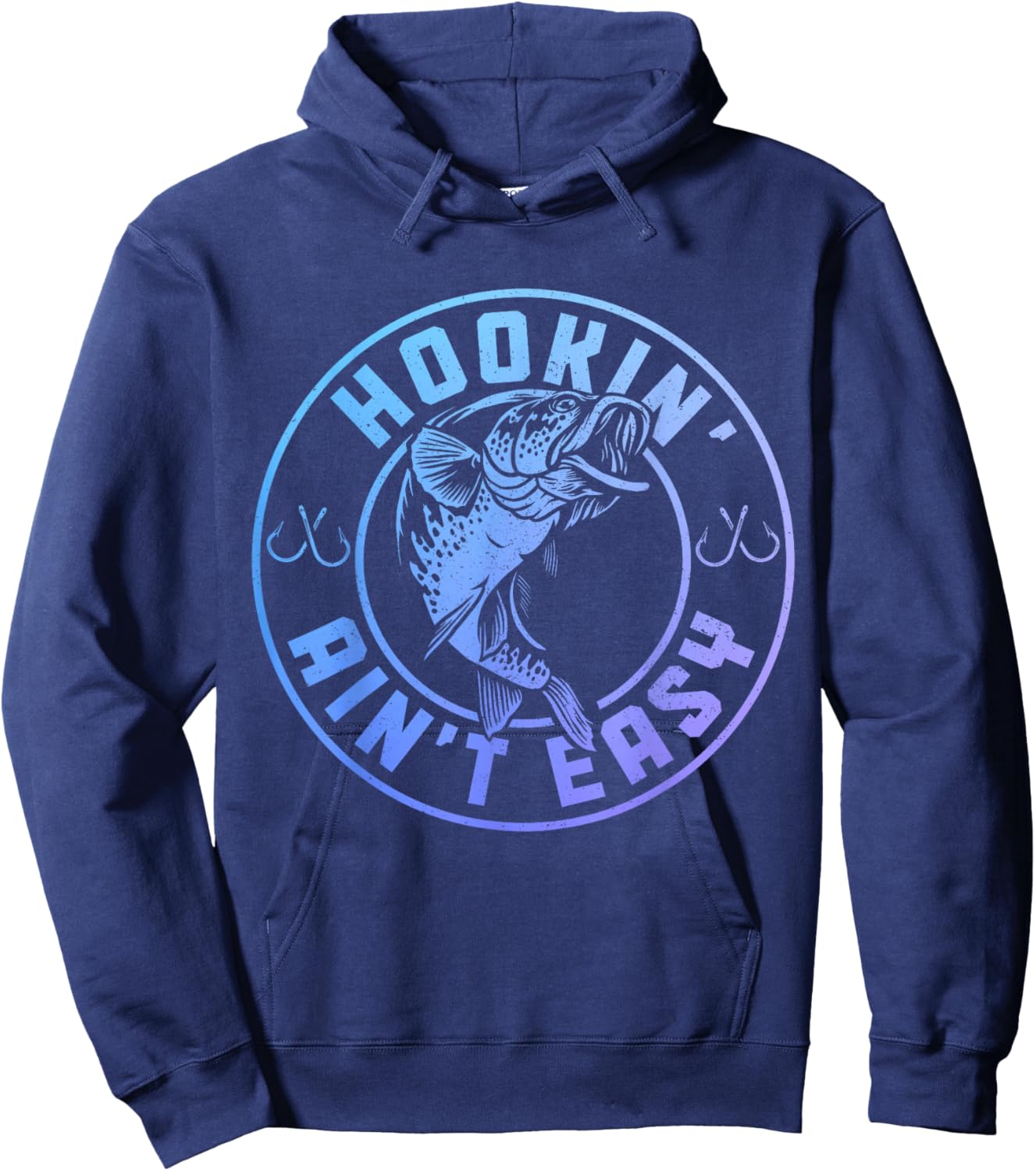 Hookin' Ain't Easy - Funny Fishing Apparel Co. Men's Black Vintage Fishing , Small, Short Sleeve Hoodie - Hoodie | Navy