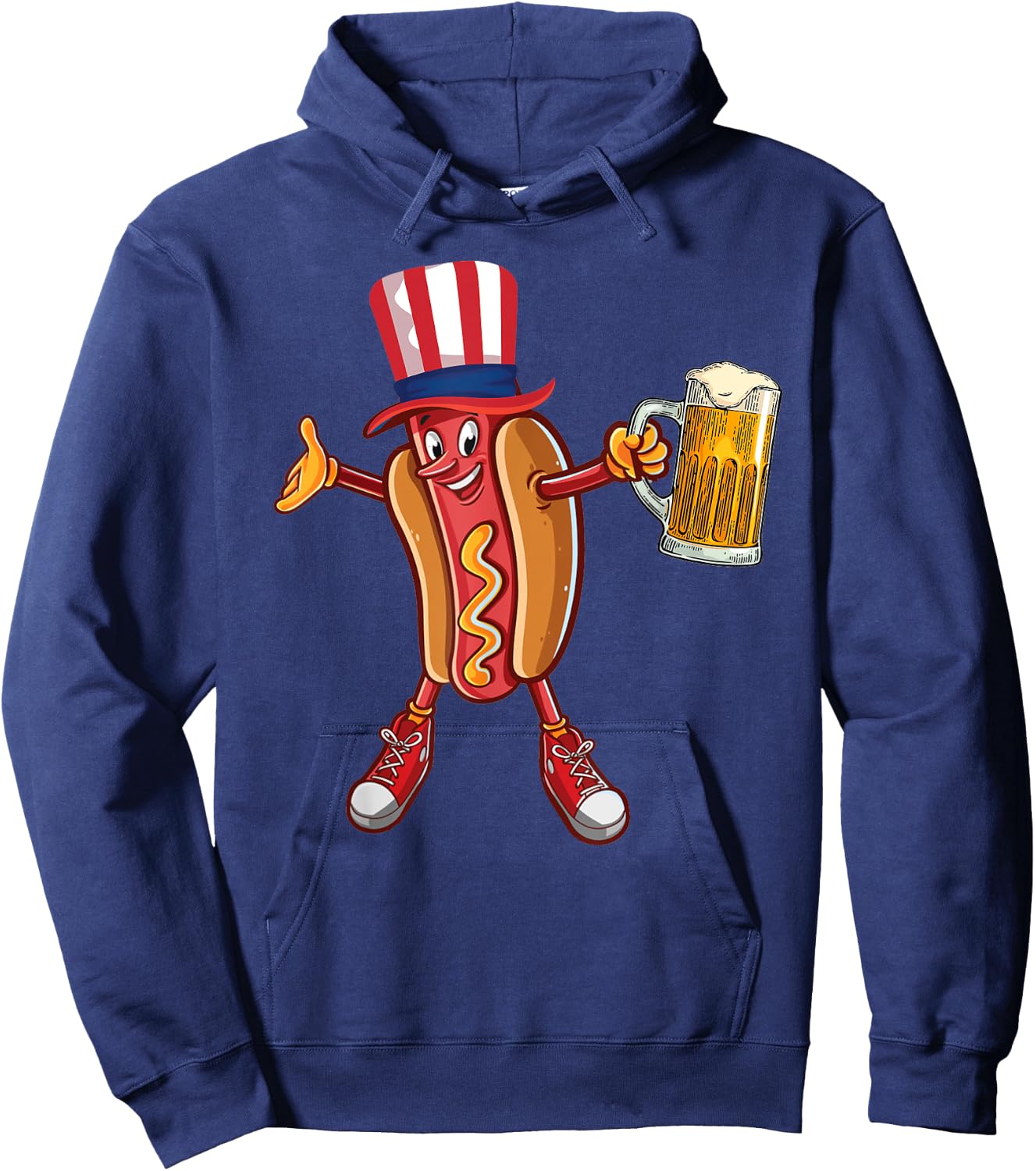 Funny Hot dog US Flag Hat Drinking Beer for 4th of July gift Hoodie - Hoodie | Navy