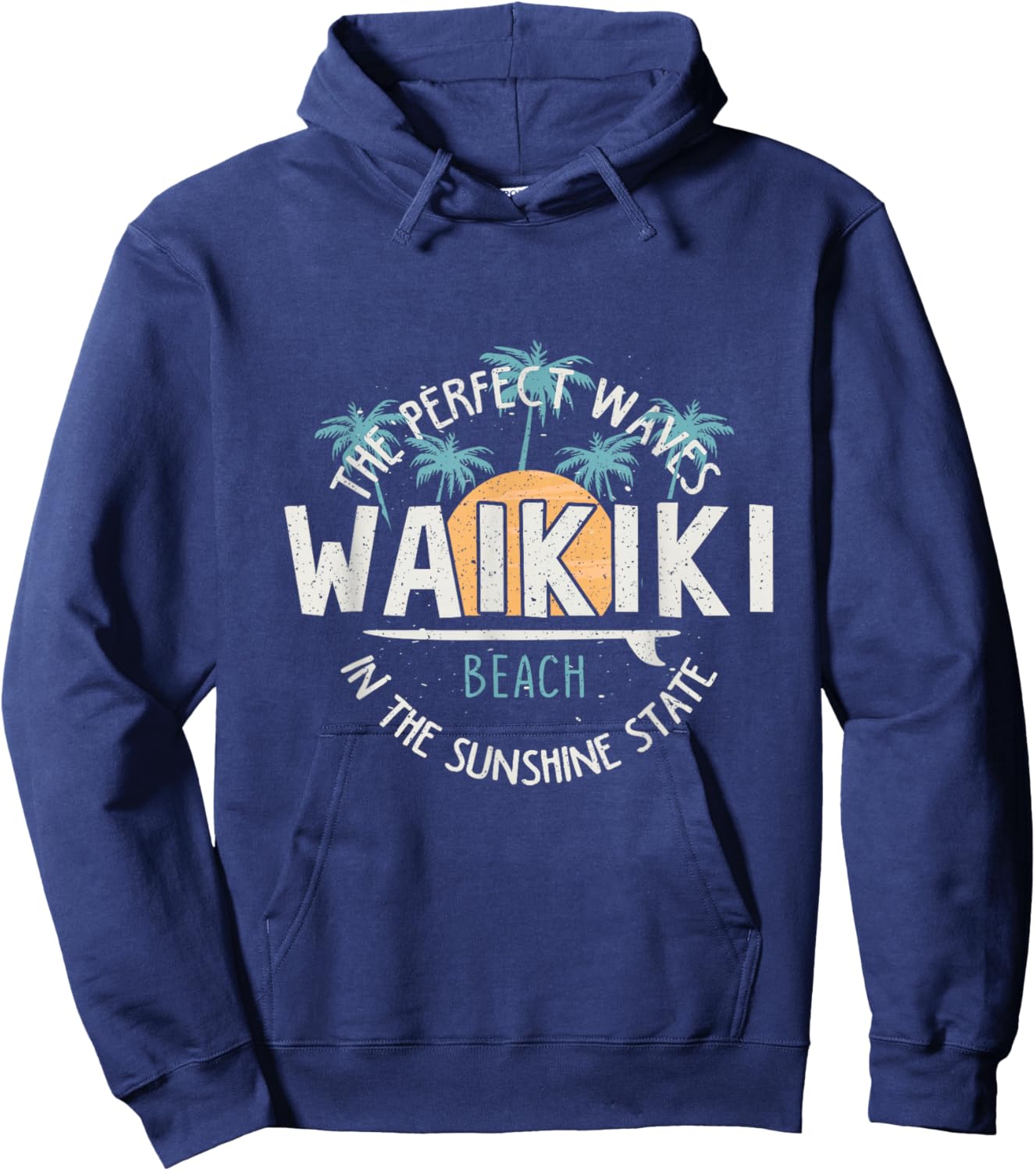 Vintage Sunset Palm Tree Waikiki Hawaii Surfing Vacation Hoodie - Hoodie | Navy