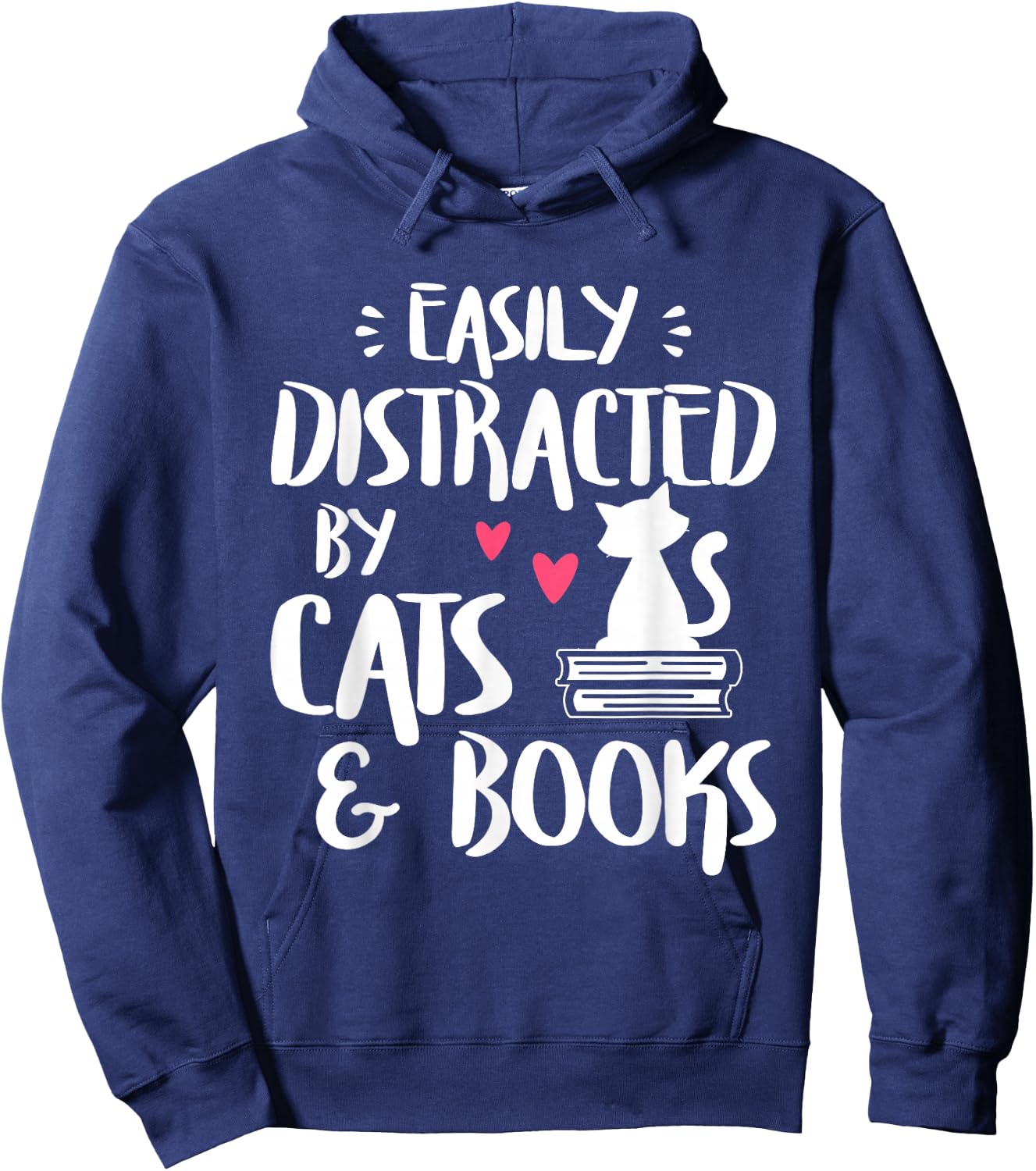 Easily Distracted by Cats and Books - Cat & Book Lover,Short Sleeve Hoodie - Hoodie | Navy