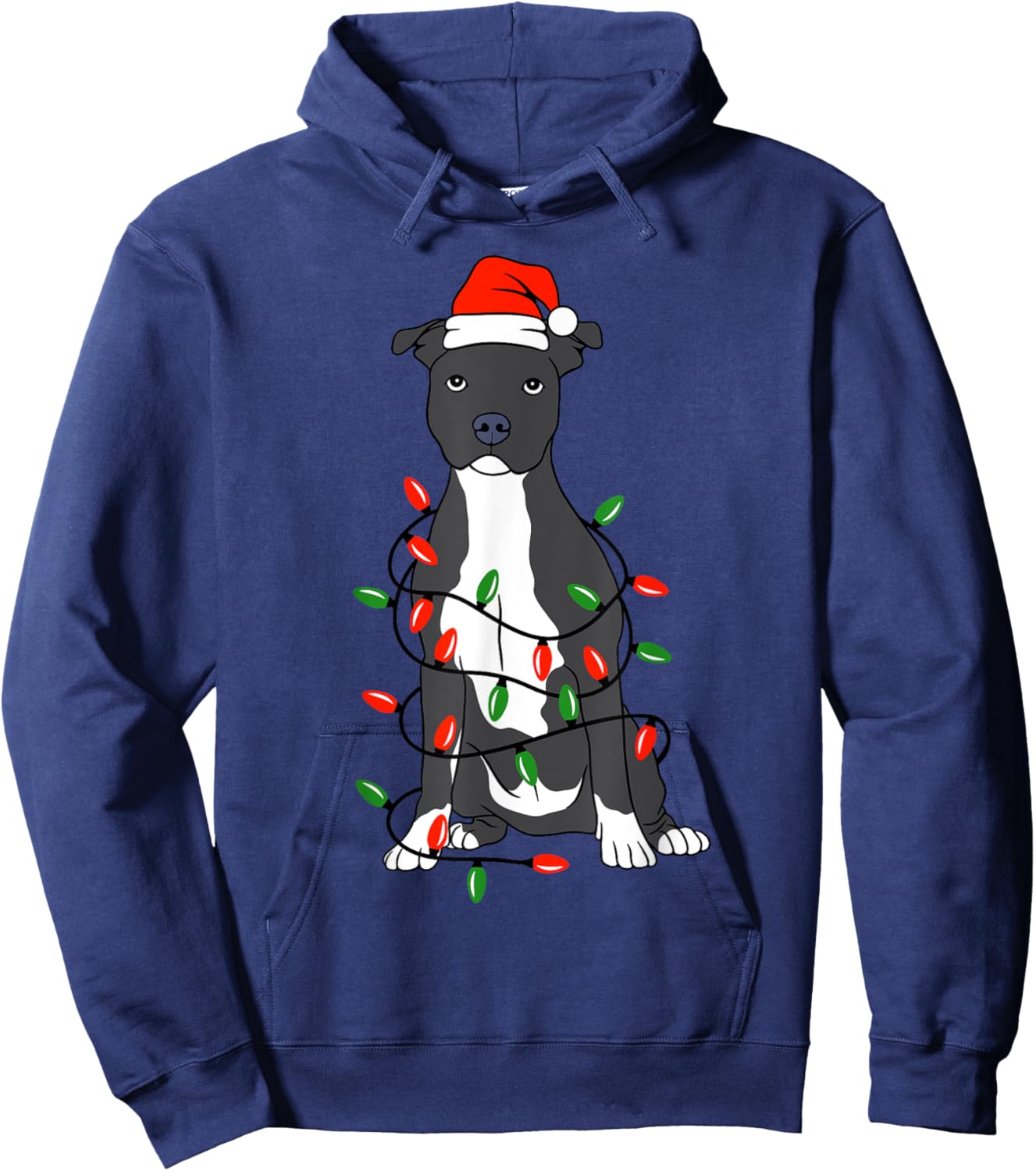 Pittie Pitbull Christmas Santa Hat Lights Xmas Dog Lover Hoodie - Hoodie | Navy
