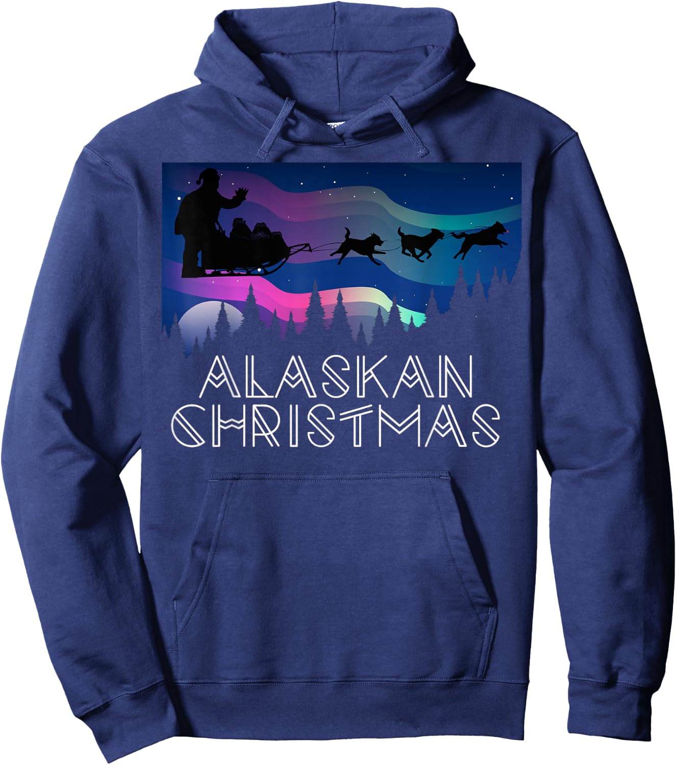 Alaskan Christmas Santa Dog Sled Aurora Borealis Women Kids Hoodie - Hoodie | Navy